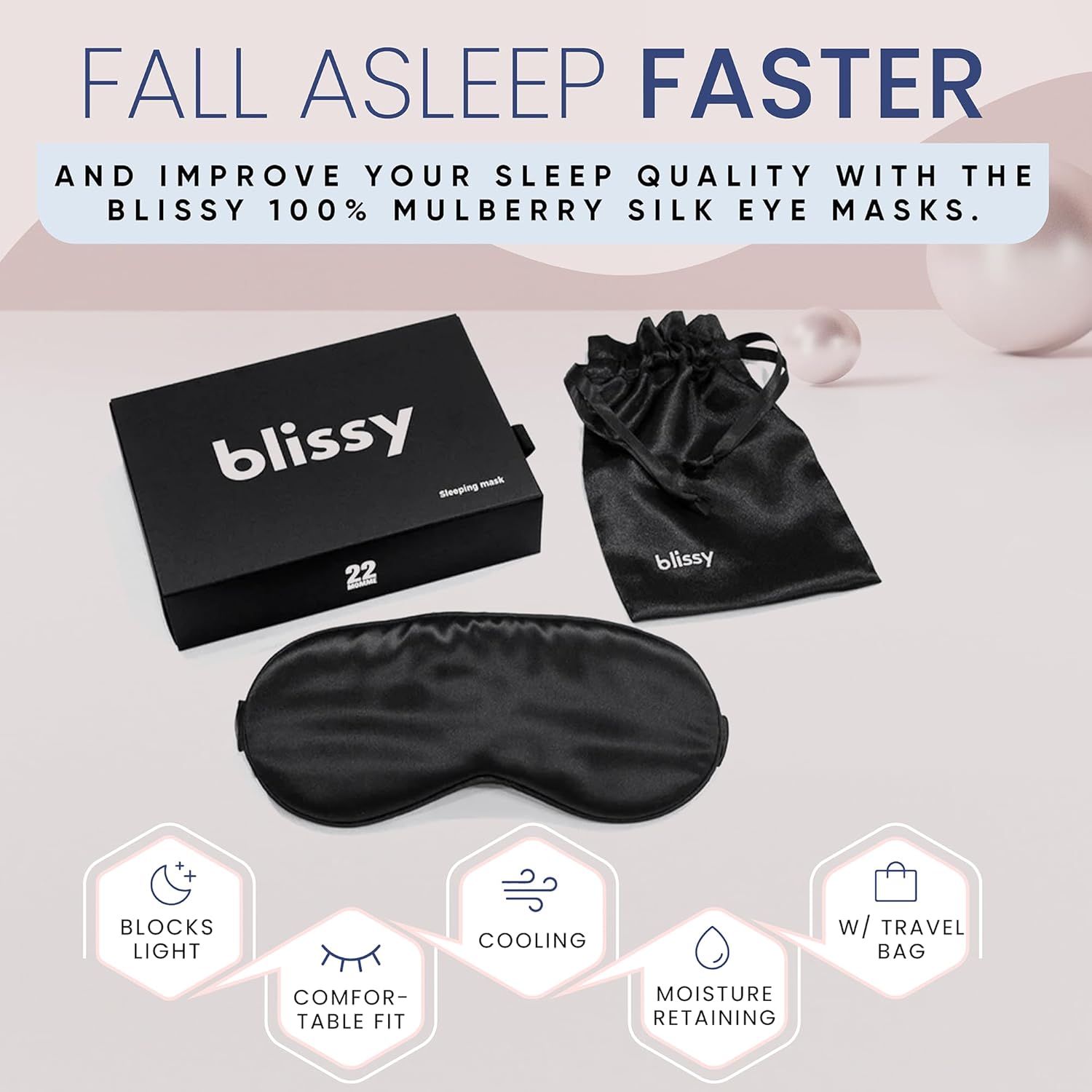 Blissy Silk Sleep Mask - Total Blackout for Women & Men - 100% Pure Mulberry Silk, 22 Momme 6a Fibers - Blindfold for Side Sleepers - Image 3