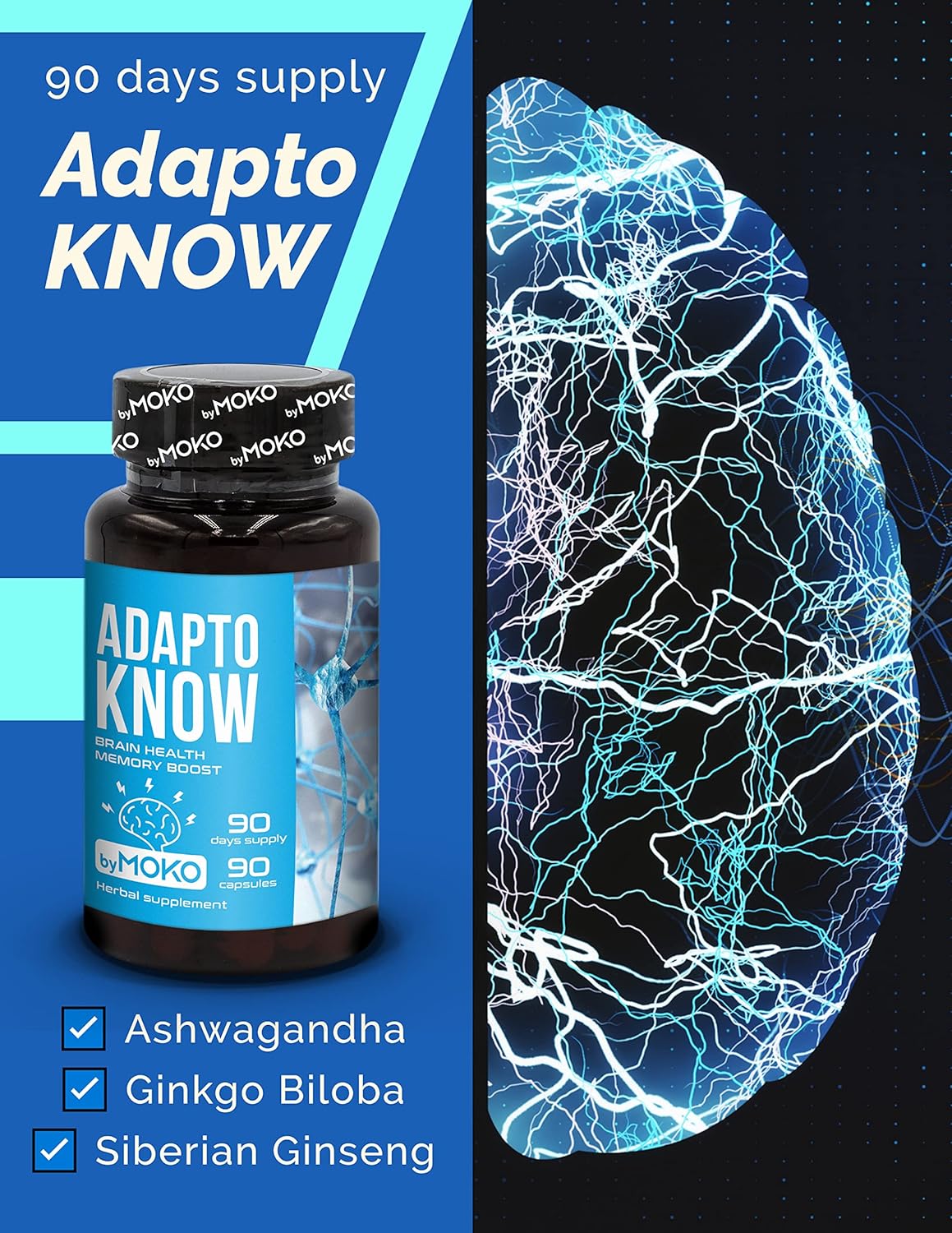 AdaptoKnow Ashwagandha Siberian Ginseng and Ginkgo biloba Supplement - Brain Booster Supplement for Cognitive Function, Memory Health, Concentration, Stress and Anxiety 90 Days Supply - Image 2