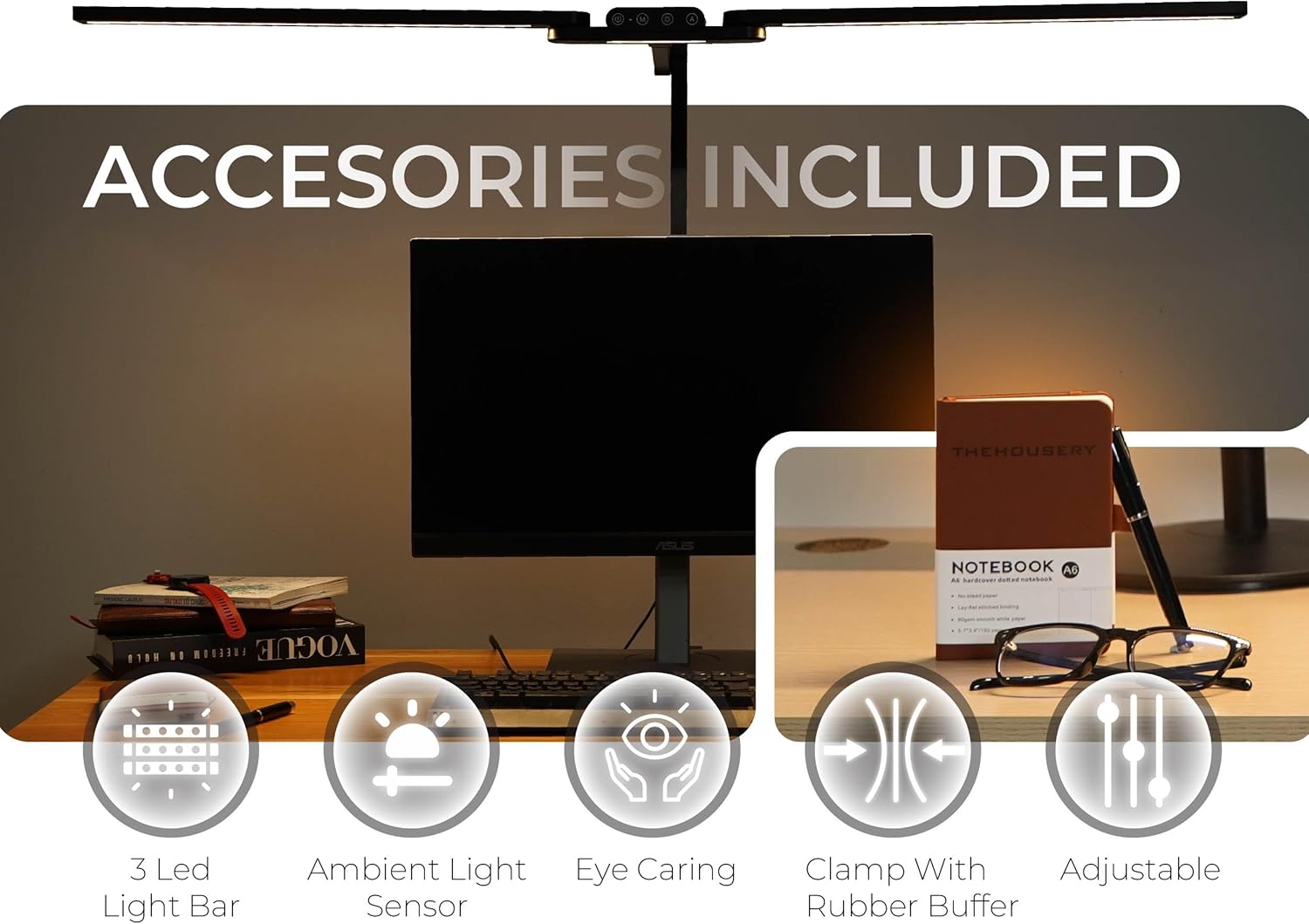 LED Desk Lamp, Anti Eyestrain with Blue Light Blocking Glasses Included, 3000K-6500K with Clamp, Architect Style Swing Arm, Wide Monitor Computer Light for Home Office Gift - Image 2