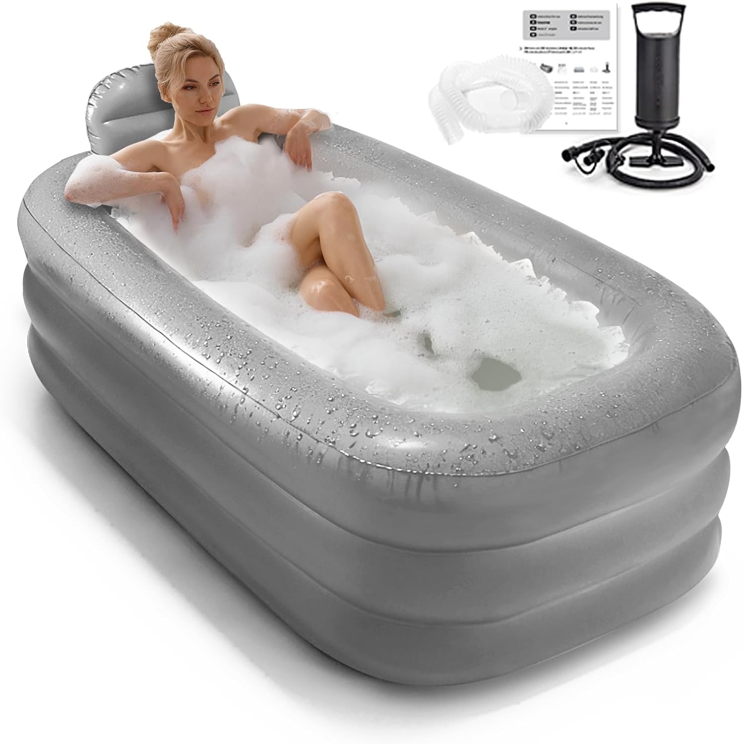 Portable Inflatable Bathtub for Adults - Ice Bath for Athletes, Includes Air Pump, Easy Inflation & Drainage, Cold Plunge, Home SPA, Hot & Ice Bath (Light Grey)