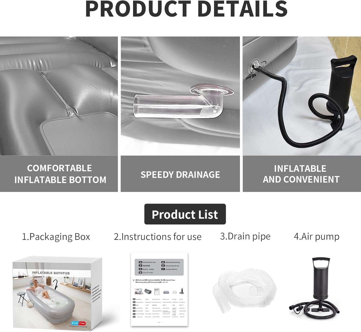 Portable Inflatable Bathtub for Adults - Ice Bath for Athletes, Includes Air Pump, Easy Inflation & Drainage, Cold Plunge, Home SPA, Hot & Ice Bath (Light Grey) - Image 4