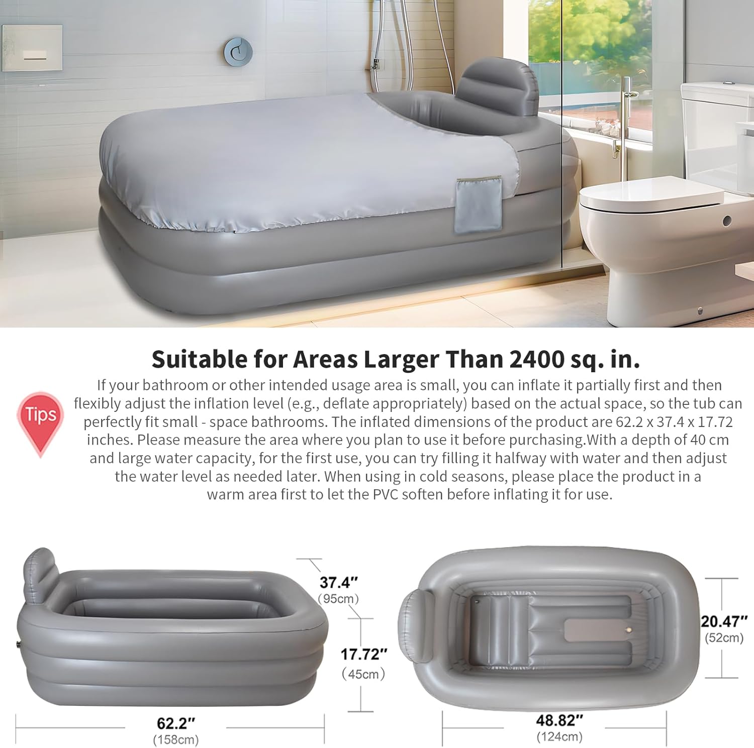 Portable Inflatable Bathtub for Adults - Ice Bath for Athletes, Includes Air Pump, Easy Inflation & Drainage, Cold Plunge, Home SPA, Hot & Ice Bath (Light Grey) - Image 5