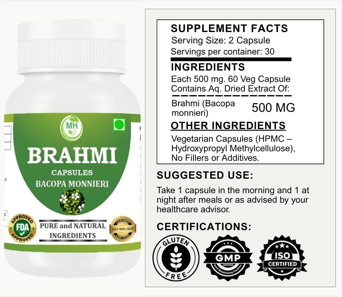 Brahmi Capsules | Bacopa Monnieri Extract | 500mg Each | Non-GMO, Vegan, Gluten-Free | Natural Herbal Supplement | 240 Vegetarian Capsules | Pack of 4 Bottle - Image 3