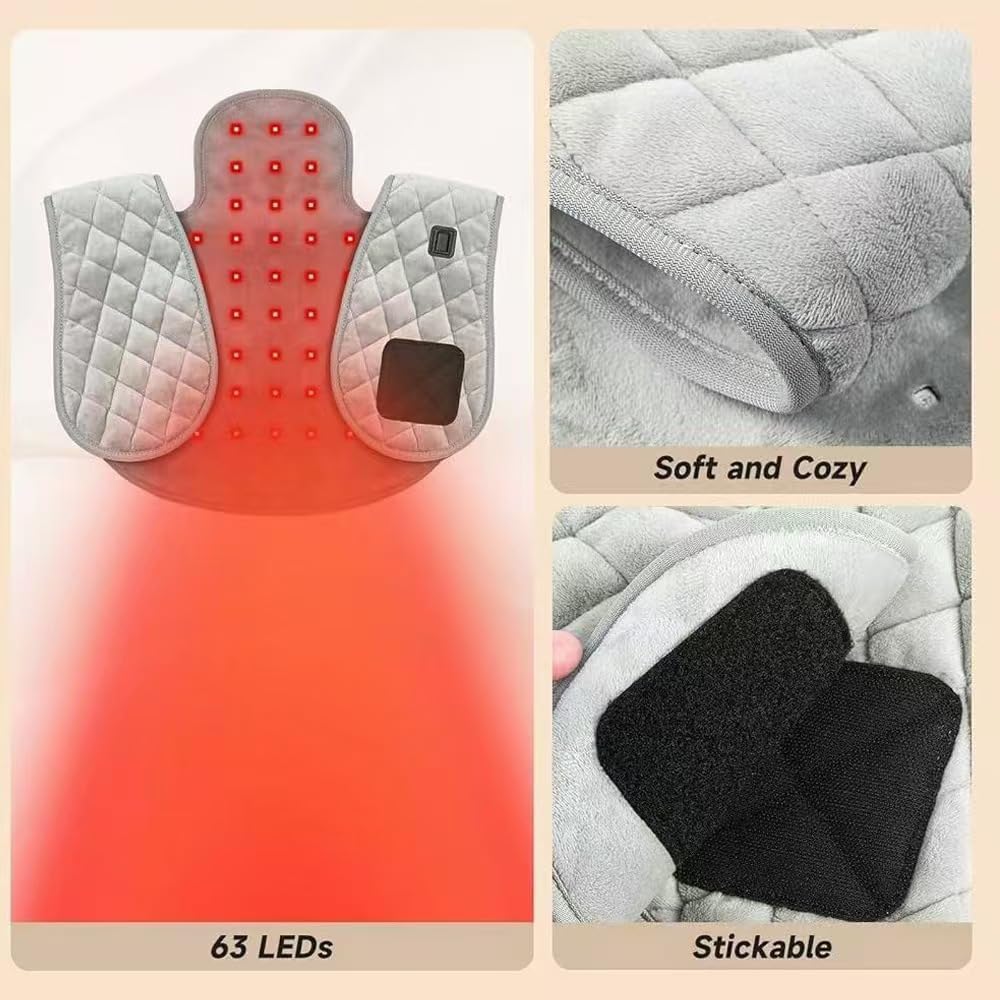 Infrared Light Therapy Heating Pad, Gray Quilted Shoulder Wrap with 63 LEDs, 3 Heat Settings, Pain Relief Device for Home Use - Image 3
