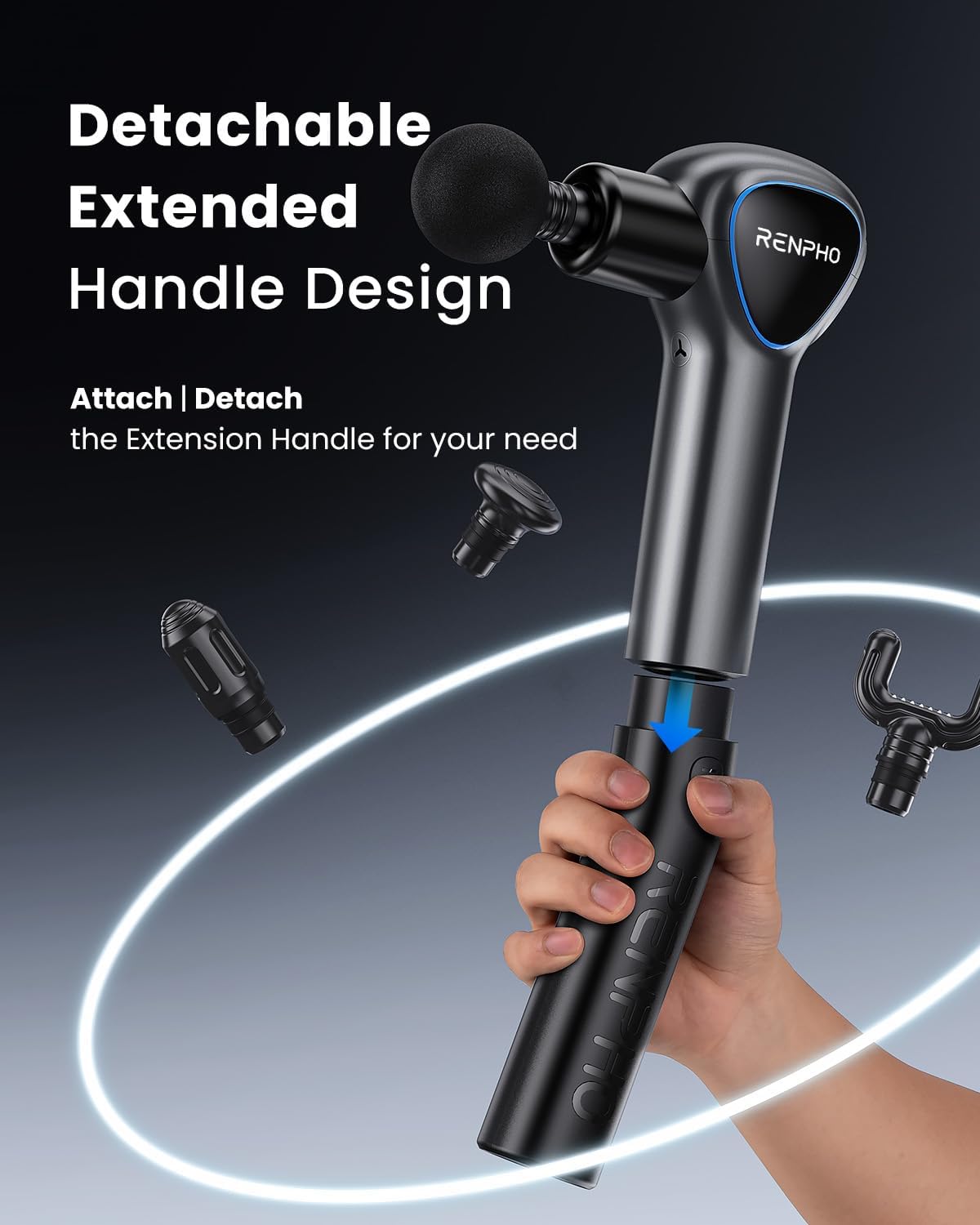RENPHO Reach Handle Massage Gun with 5 Speed 4 Head,Mini Massage Gun with Extension Handle,Gift for Women Men,Muscle Gun Deep Tissue with 3200rpm for Home Workout Full Body Muscle Relax,Black - Image 2