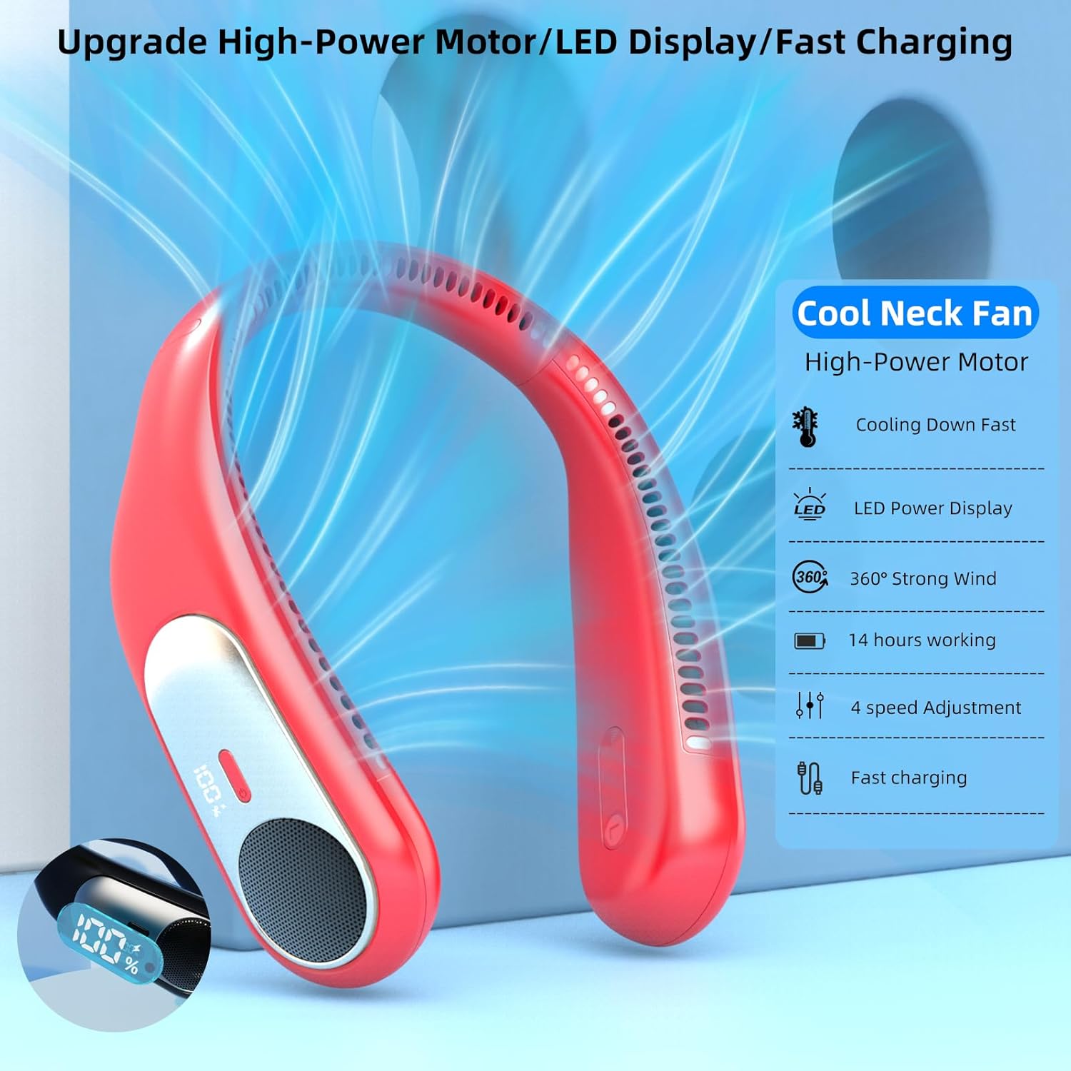 Portable Neck Fan,Personal Wearable Bladeless Fan,LED Display,4-Speeds,6000mAh USB Rechargeable,360° Strong Cooling Wind,Hands Free,White Elephant Gift,Christmas Gifts for Men Women Dad Mom (Red) - Image 3