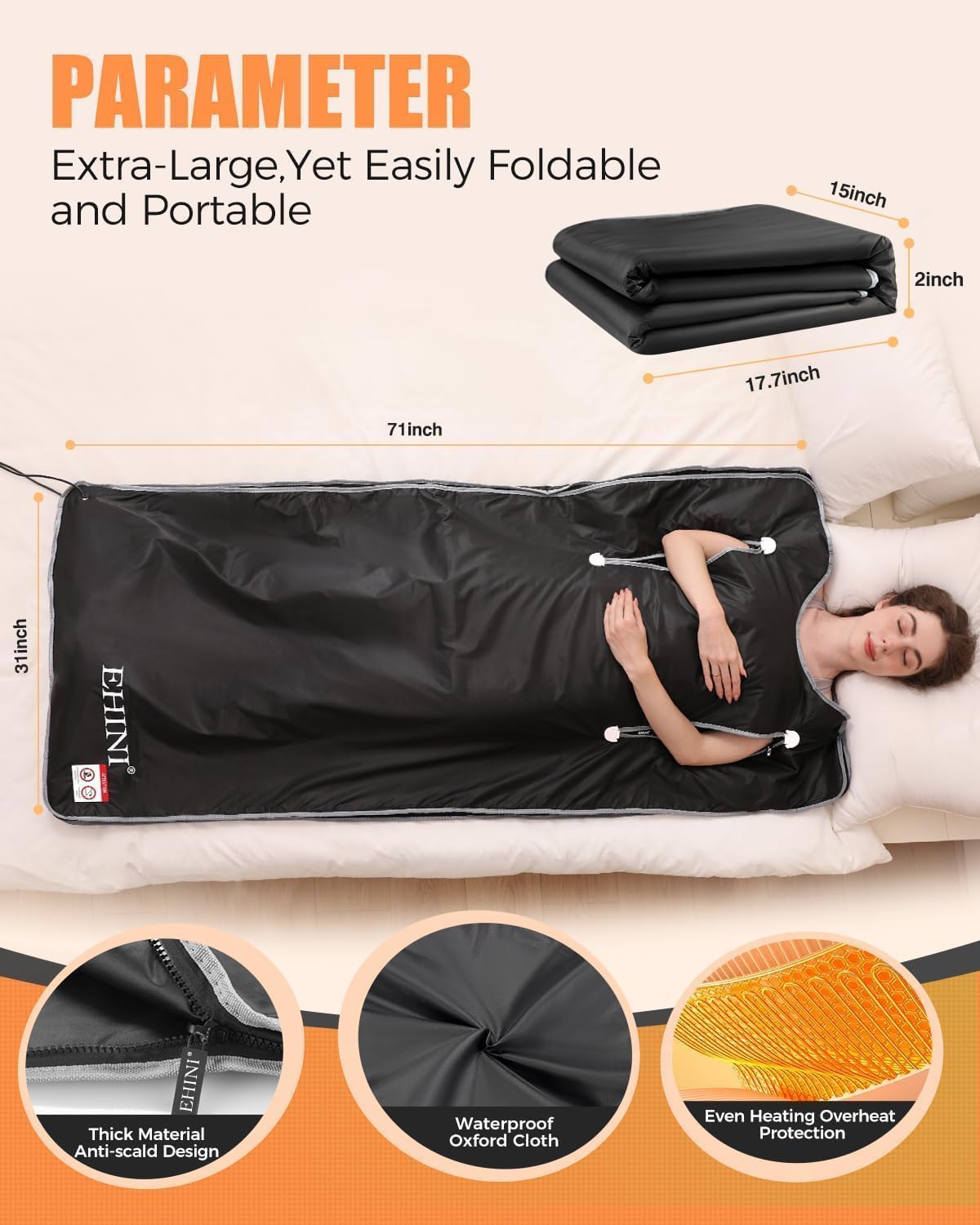Far Infrared Sauna Blanket-Sauna Blanket for Home Use, Portable Design for Detoxification and Relaxation Highest 176℉, 20-60 Minutes Timer, 6 ft x 2.65 ft (Black) - Image 3