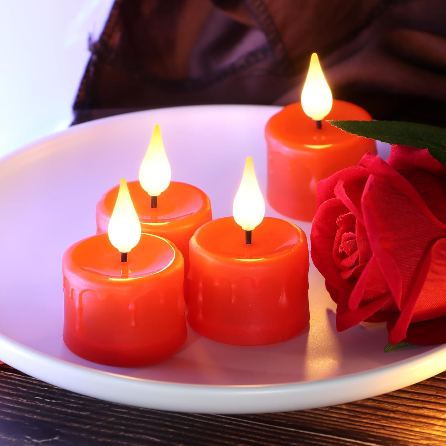 Rechargeable Flameless Tea Lights with Charging Base and USB Cable, Remote Control and Timer, Realistic Flickering Warm White Light, 6 Pack Red LED Candles - Image 2