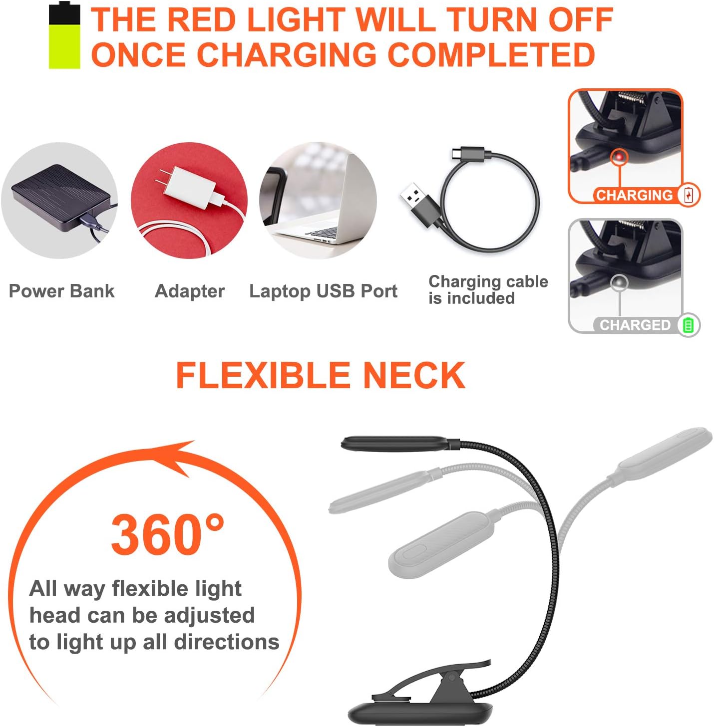 HONWELL Amber Book Light, Rechargeable Amber Reading Light for Books in Bed, Clip on Reading Light, Dimmable Book Light, Blue Light Blocking Reading Light, Warm Book Light for Kids Bookworms - Image 5