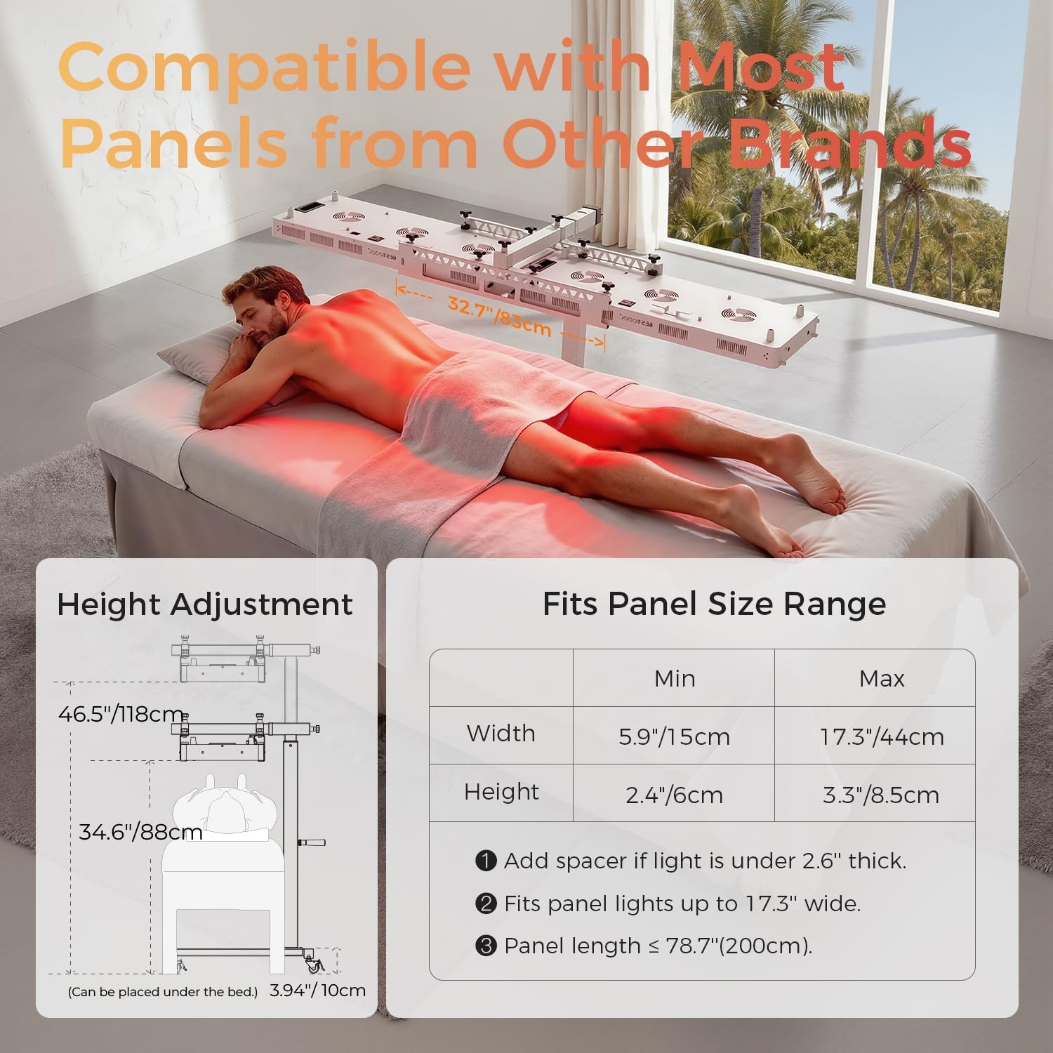 Bestqool Compatible Red Light Therapy Stand, Horizontal&Vertical Infrared Light Therapy Panel Stand, Mobile Stand for Red Light Therapy Device at Home, Wheel Locks, Adjustable Height, Easy to Install - Image 2