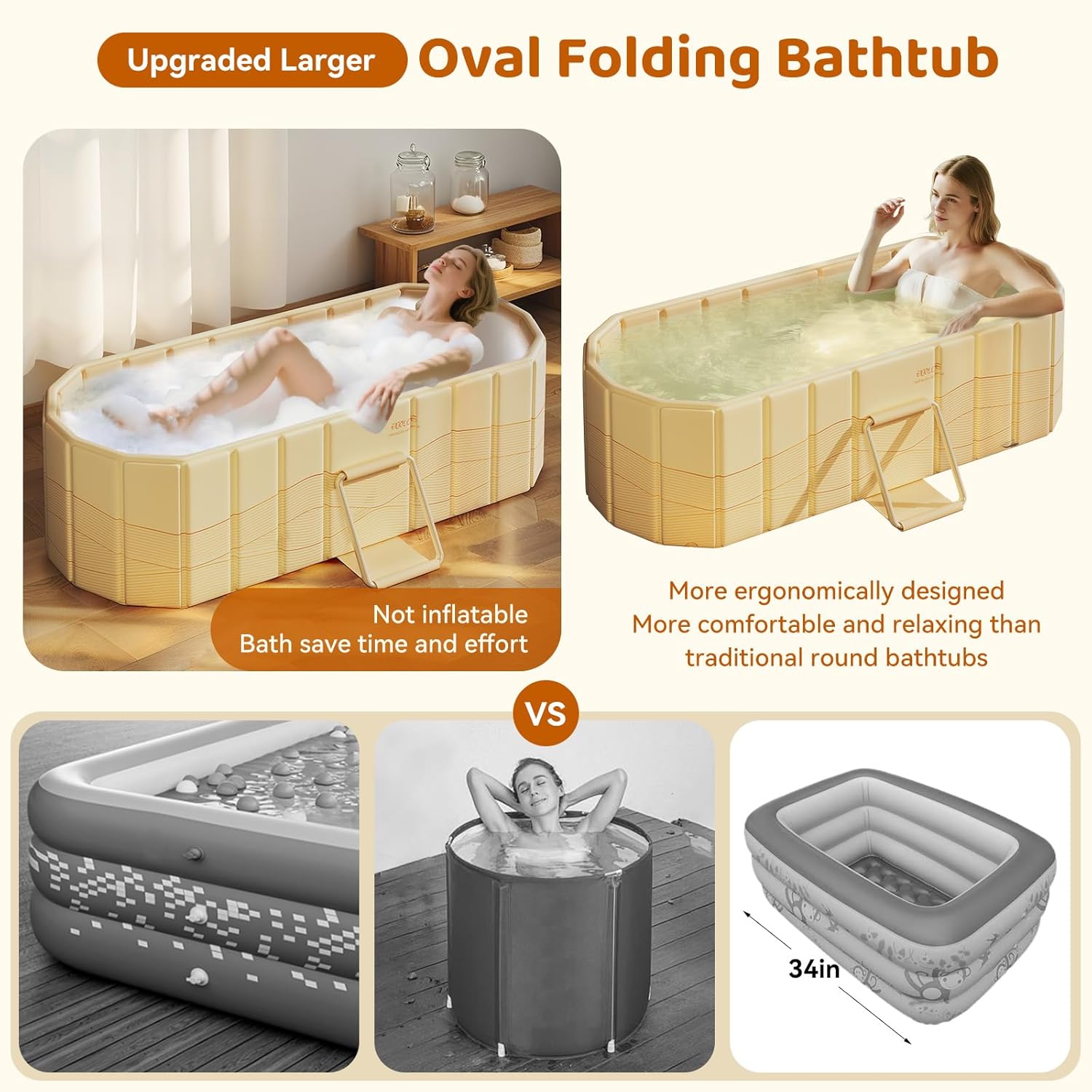 Portable Foldable Bathtub, Freestanding Bathtub No Installation, Bathroom SPA Soaking Bath Tub, Shower Stall Collapsible Hot & Ice Bath for Indoor Outdoor (Beige, 59"L x 21.6"W x 19.6"H) - Image 6