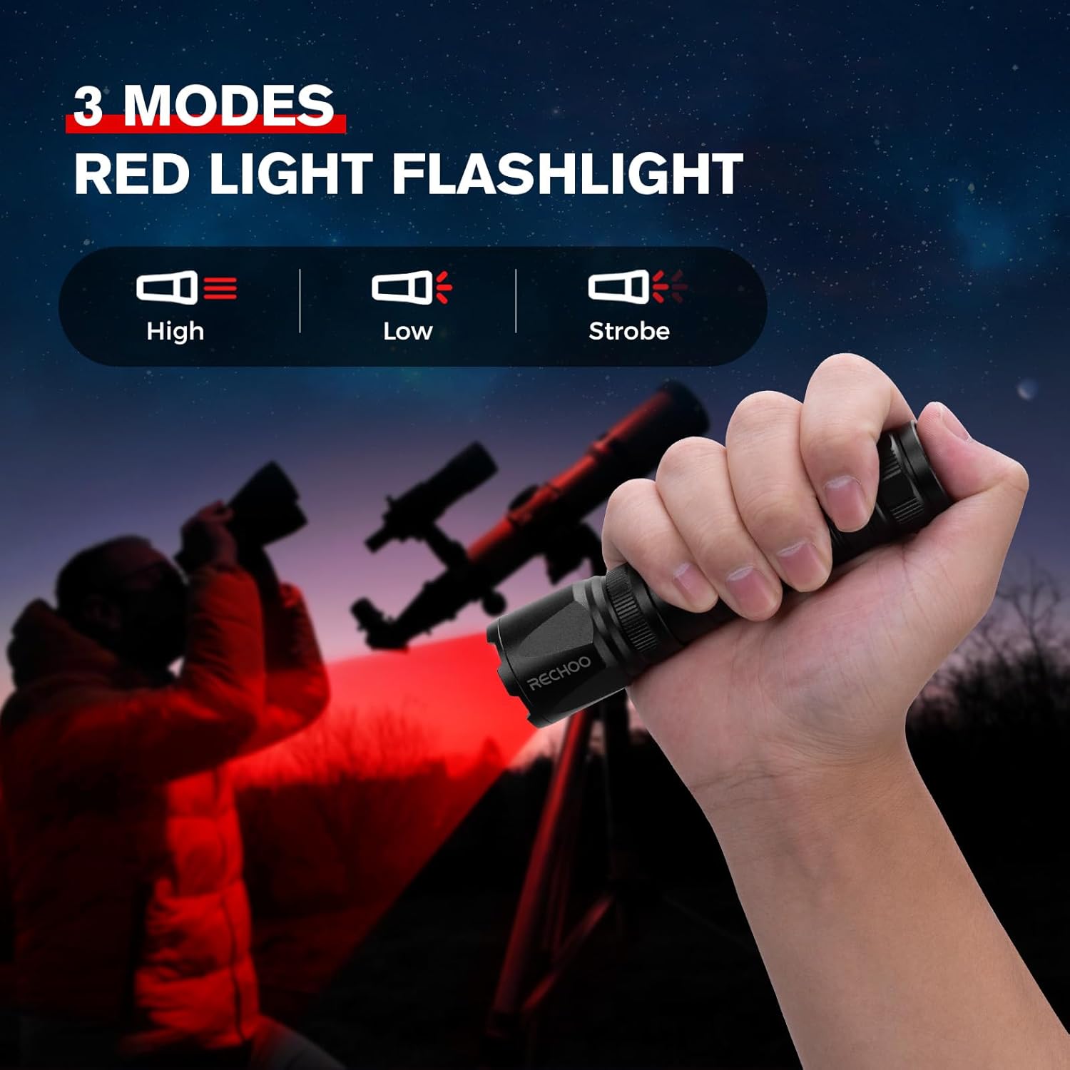 RECHOO Red Light Flashlight, 3 Modes High Power, Rechargeable Red LED Flashlight with Clip and Lanyard, Zoomable Red Flashlights and Portable for Hunting, Astronomy, Aviation, Night Observation - Image 2