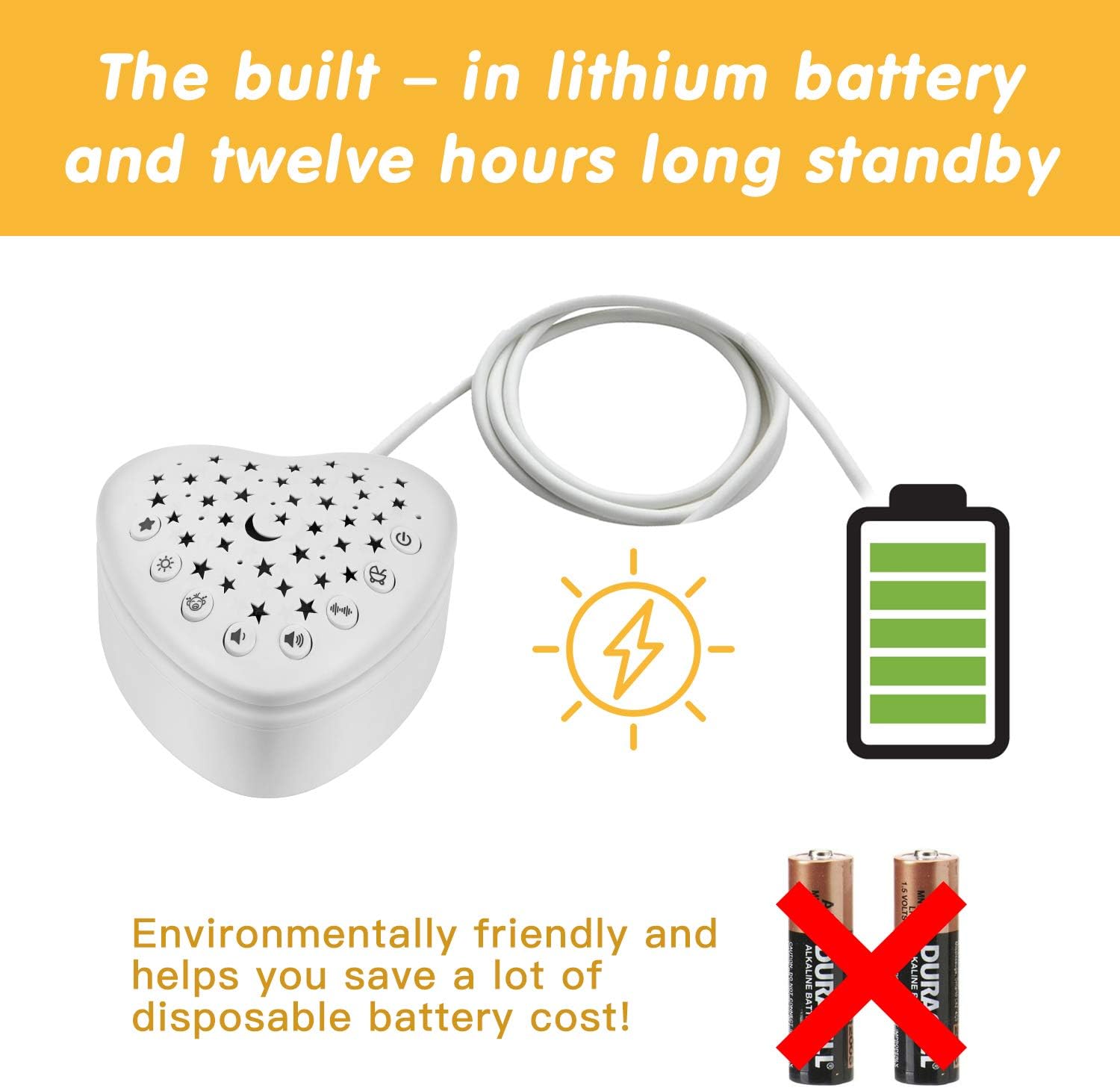 BEREST A13 White Noise Machine & Baby Sleep Soother with 15 Soothing Sounds & Projector Star Night Light, Cry Sensor, Rechargeable Lithium Battery, Portable for Baby, Toddlers (Charger not Included) - Image 5