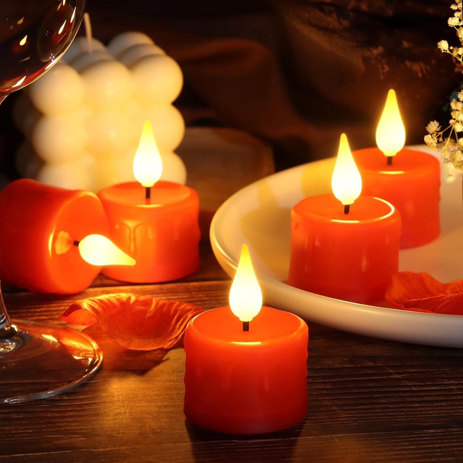 Rechargeable Flameless Tea Lights with Charging Base and USB Cable, Remote Control and Timer, Realistic Flickering Warm White Light, 6 Pack Red LED Candles - Image 4