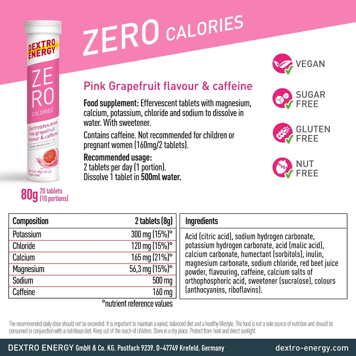 Dextro Energy Zero Calories Pink Grapefruit I Electrolytes Sports Drink I Effervescent Tablets | Rapid Recovery and Hydration Electrolyte Drink I with caffeine I 3 Tubes, 60 Tablets - Image 2