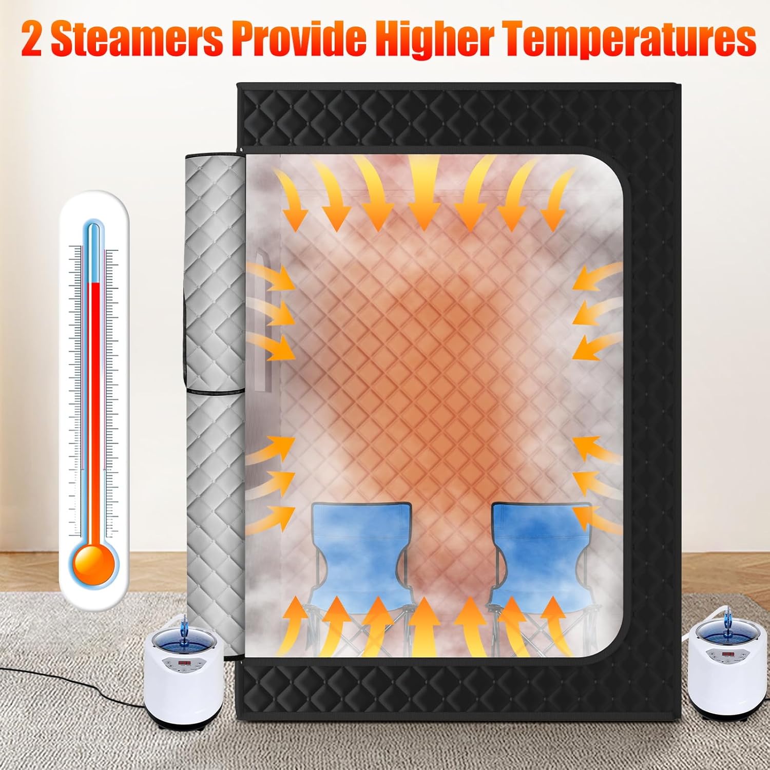 2 Person Portable Steam Sauna, Large Sauna Box, Sauna Tent Sauna Box with 2 Steamers, 2 Folding Chair,71”x 49”x 36”, Black - Image 2