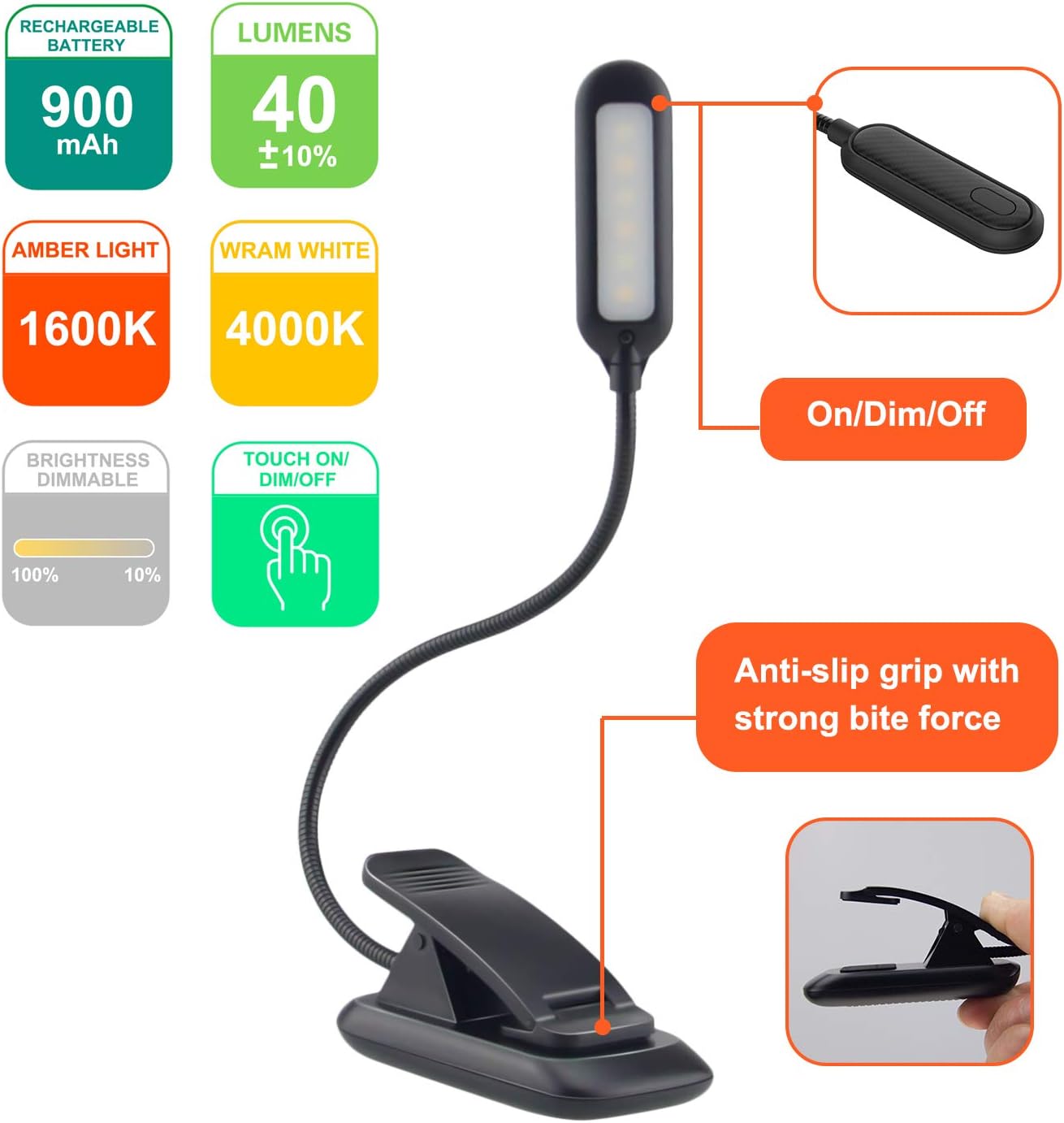HONWELL Amber Book Light, Rechargeable Amber Reading Light for Books in Bed, Clip on Reading Light, Dimmable Book Light, Blue Light Blocking Reading Light, Warm Book Light for Kids Bookworms - Image 6