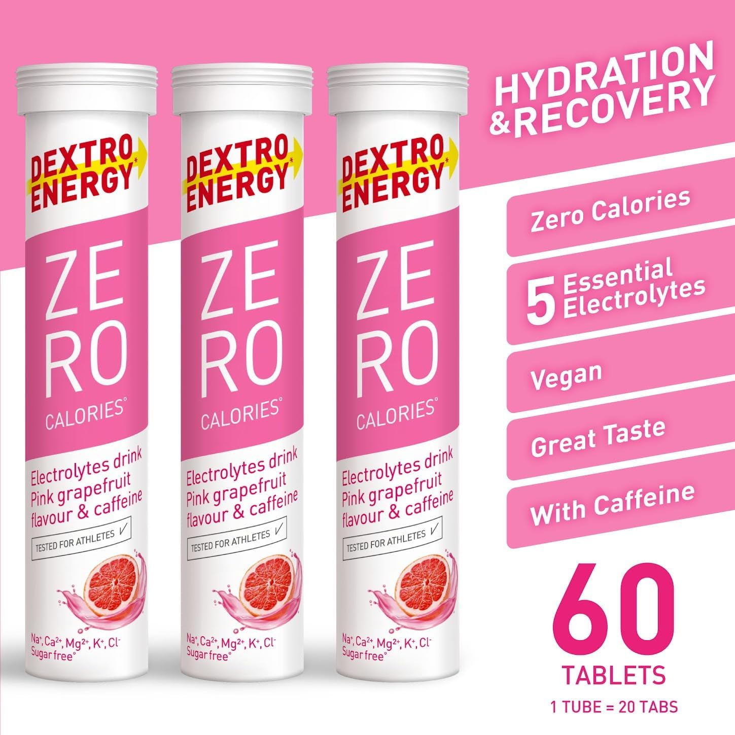 Dextro Energy Zero Calories Pink Grapefruit I Electrolytes Sports Drink I Effervescent Tablets | Rapid Recovery and Hydration Electrolyte Drink I with caffeine I 3 Tubes, 60 Tablets - Image 5