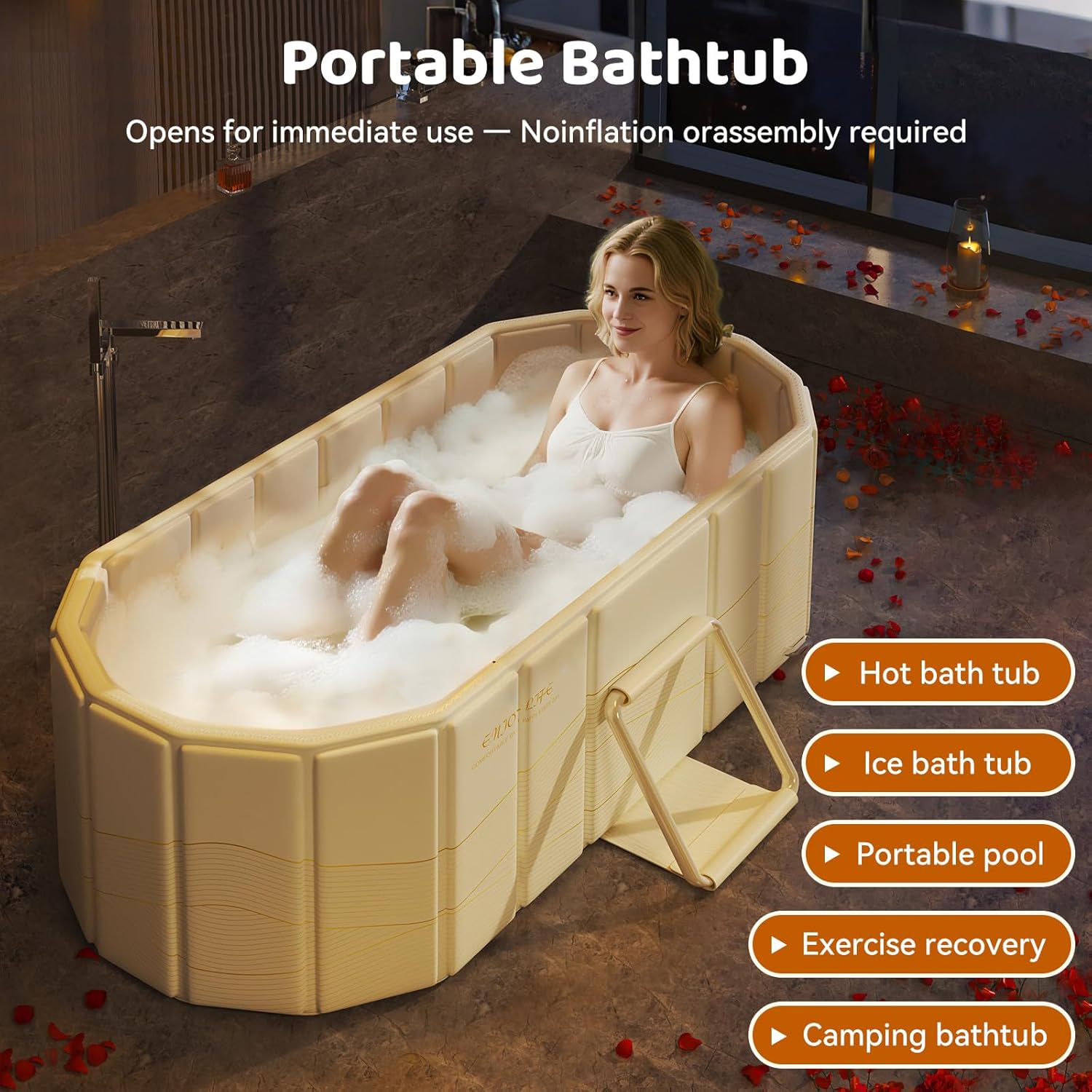 Portable Foldable Bathtub, Freestanding Bathtub No Installation, Bathroom SPA Soaking Bath Tub, Shower Stall Collapsible Hot & Ice Bath for Indoor Outdoor (Beige, 59"L x 21.6"W x 19.6"H) - Image 2