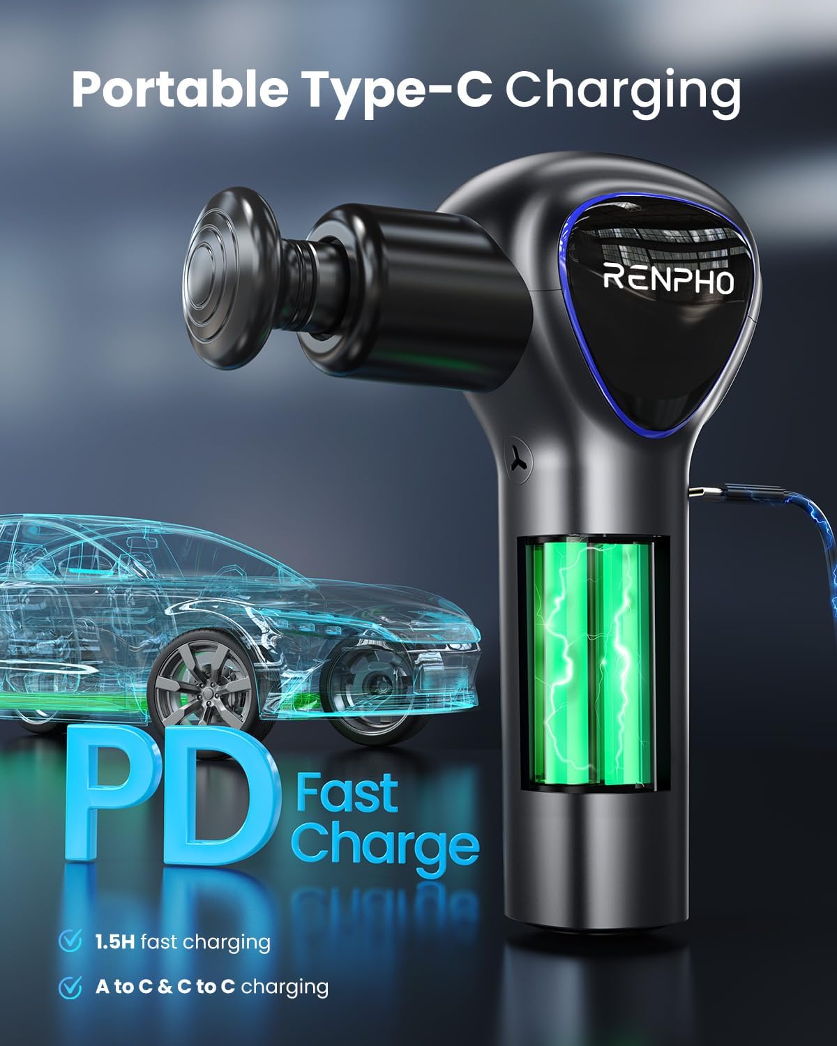 RENPHO Reach Handle Massage Gun with 5 Speed 4 Head,Mini Massage Gun with Extension Handle,Gift for Women Men,Muscle Gun Deep Tissue with 3200rpm for Home Workout Full Body Muscle Relax,Black - Image 7