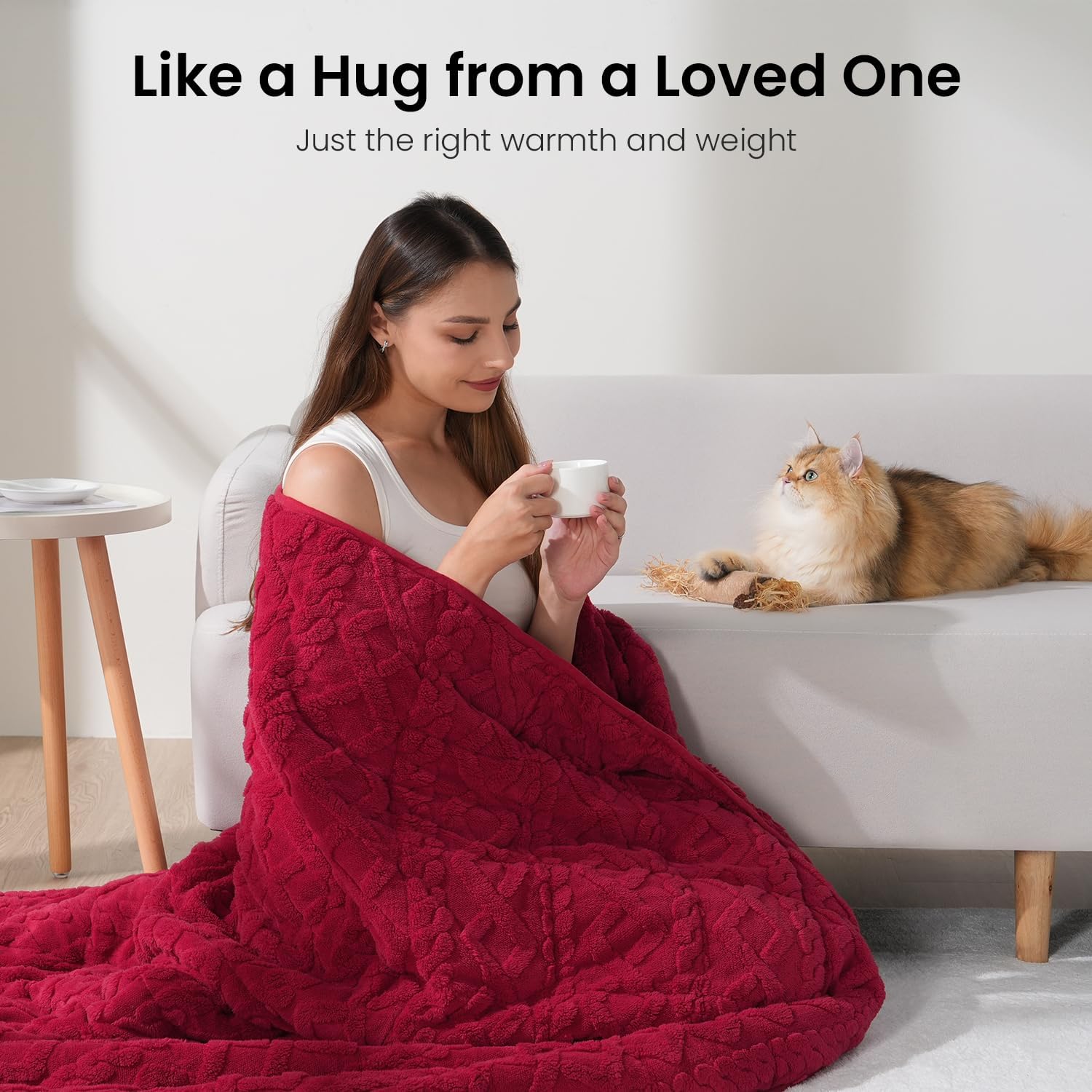 Drewin Adults Weighted Blanket Queen Size 15 lbs, 3D Stylish Fluffy Jacquard Sherpa Weighted Blankets for Sofa Bed, Cozy Thick Winter Heavy Blanket for Calming, Ceramic Beads, 60 x 80 inches, Red - Image 4