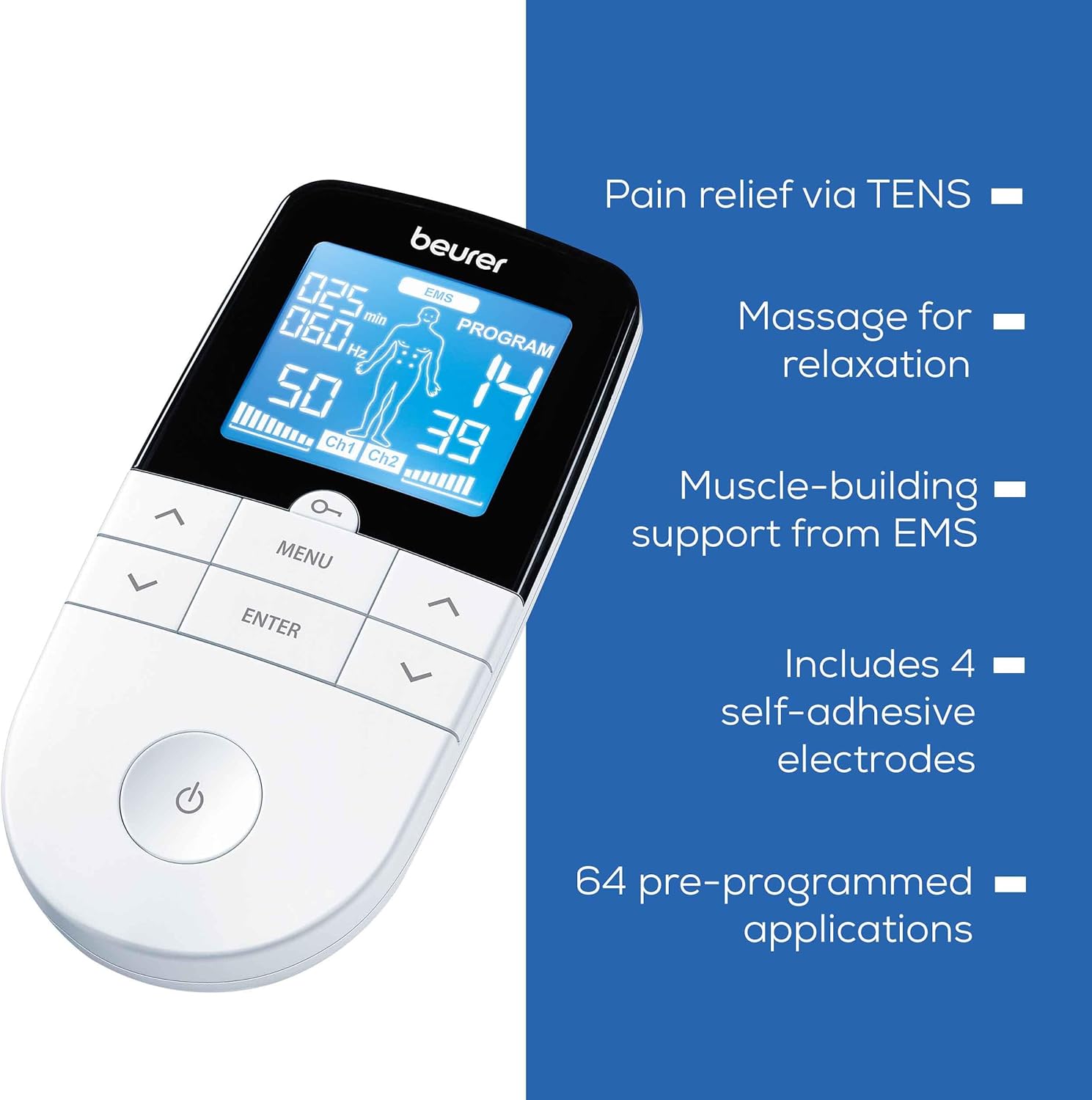 Beurer EM49 PainFree Digital TENS and EMS Machine | Drug-free natural pain relief | 3-in-1 pain relief, rehabilitation and massage | 70 training programmes | 2 channels | 4 self-adhesive electrodes - Image 8