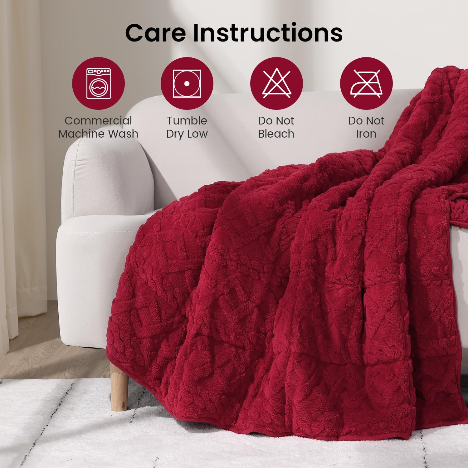 Drewin Adults Weighted Blanket Queen Size 15 lbs, 3D Stylish Fluffy Jacquard Sherpa Weighted Blankets for Sofa Bed, Cozy Thick Winter Heavy Blanket for Calming, Ceramic Beads, 60 x 80 inches, Red - Image 7