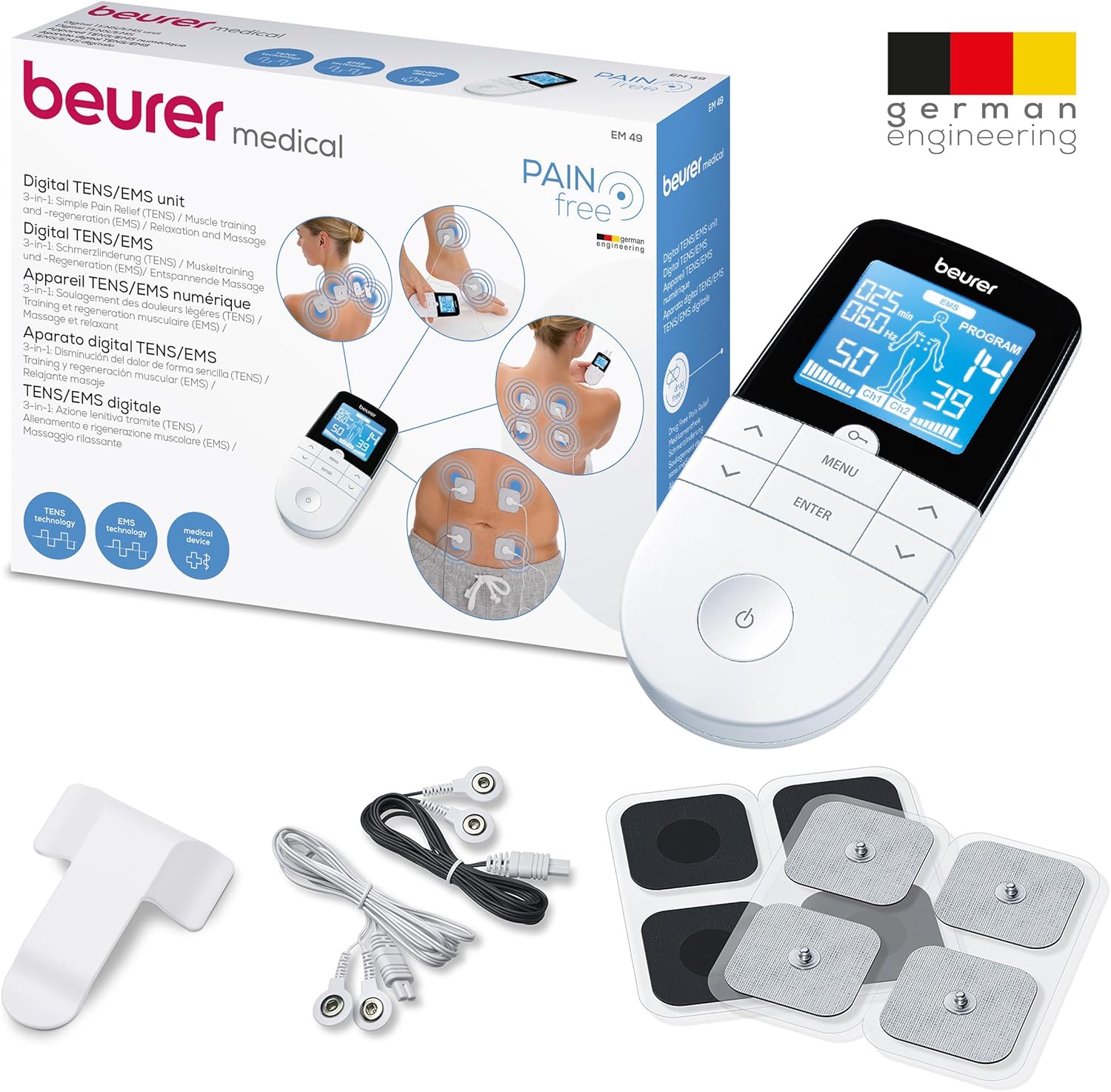 Beurer EM49 PainFree Digital TENS and EMS Machine | Drug-free natural pain relief | 3-in-1 pain relief, rehabilitation and massage | 70 training programmes | 2 channels | 4 self-adhesive electrodes - Image 9