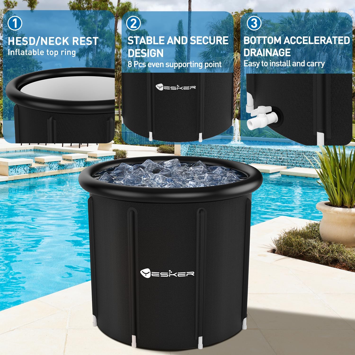 Yesker 126 Gal Ice Bath Tub with Air Ring, Portable Multi-Layered Cold Plunge Tub with Lid for Athletes, Foldable and Inflatable, One Person Hot Bathtub at Gym, Yard, Home, Outdoors Use - Image 3