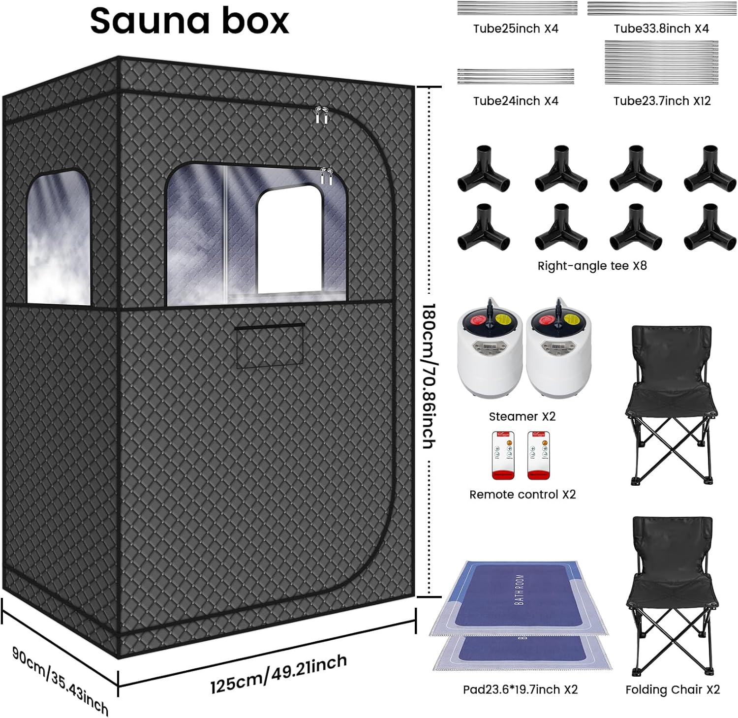 MIXC Full Body Portable Personal Saunas Box for Home, 2 Person Steam Sauna at Home Spa with 2.6L & 1500W, Two-Person with 2 Foldable Chairs, Remote Control, Home Sauna for Gym, Black - Image 7