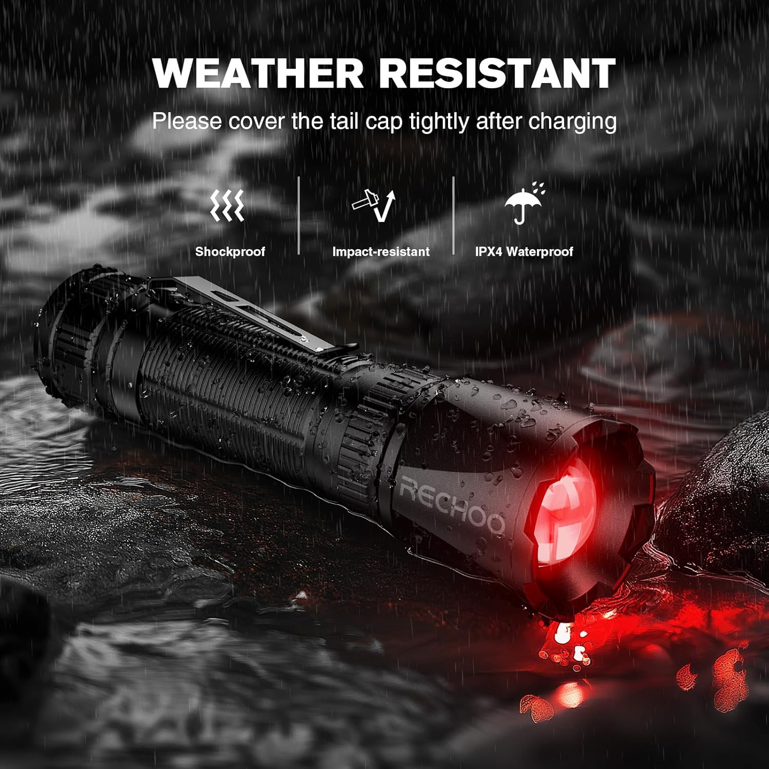 RECHOO Red Light Flashlight, 3 Modes High Power, Rechargeable Red LED Flashlight with Clip and Lanyard, Zoomable Red Flashlights and Portable for Hunting, Astronomy, Aviation, Night Observation - Image 5