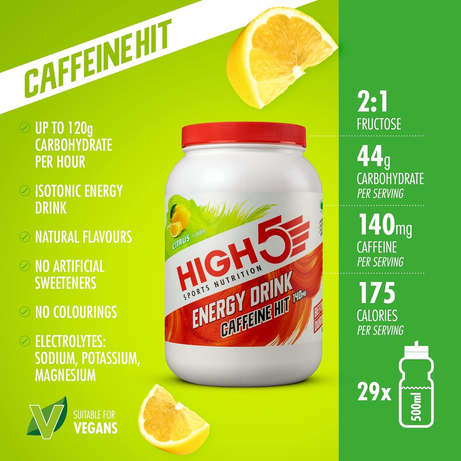 HIGH5 Energy Drink Caffeine Hit - Electrolytes Sport Energy Drink Powder - Isotonic Drink with 2:1 Fructose - Hydration for Running, Cycling, Endurance Fuel - Natural Flavours (Citrus, 1.4kg, 29 Serv) - Image 2