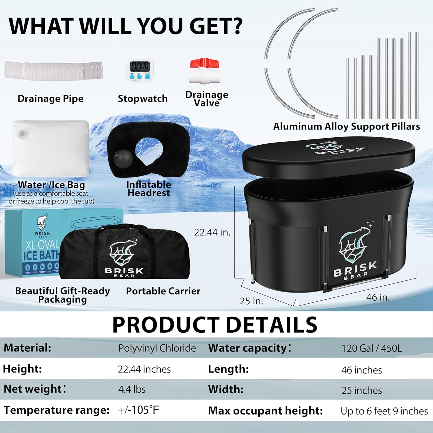 XL Oval Ice Bath Tub for Athletes with Cover by Brisk Bear - Extra Large Cold Plunge Tub for Recovery - Ice Bath Plunge Pool with Digital Timer - Cold Plunge to Soothe Muscles - Black Ice Tub - Image 3