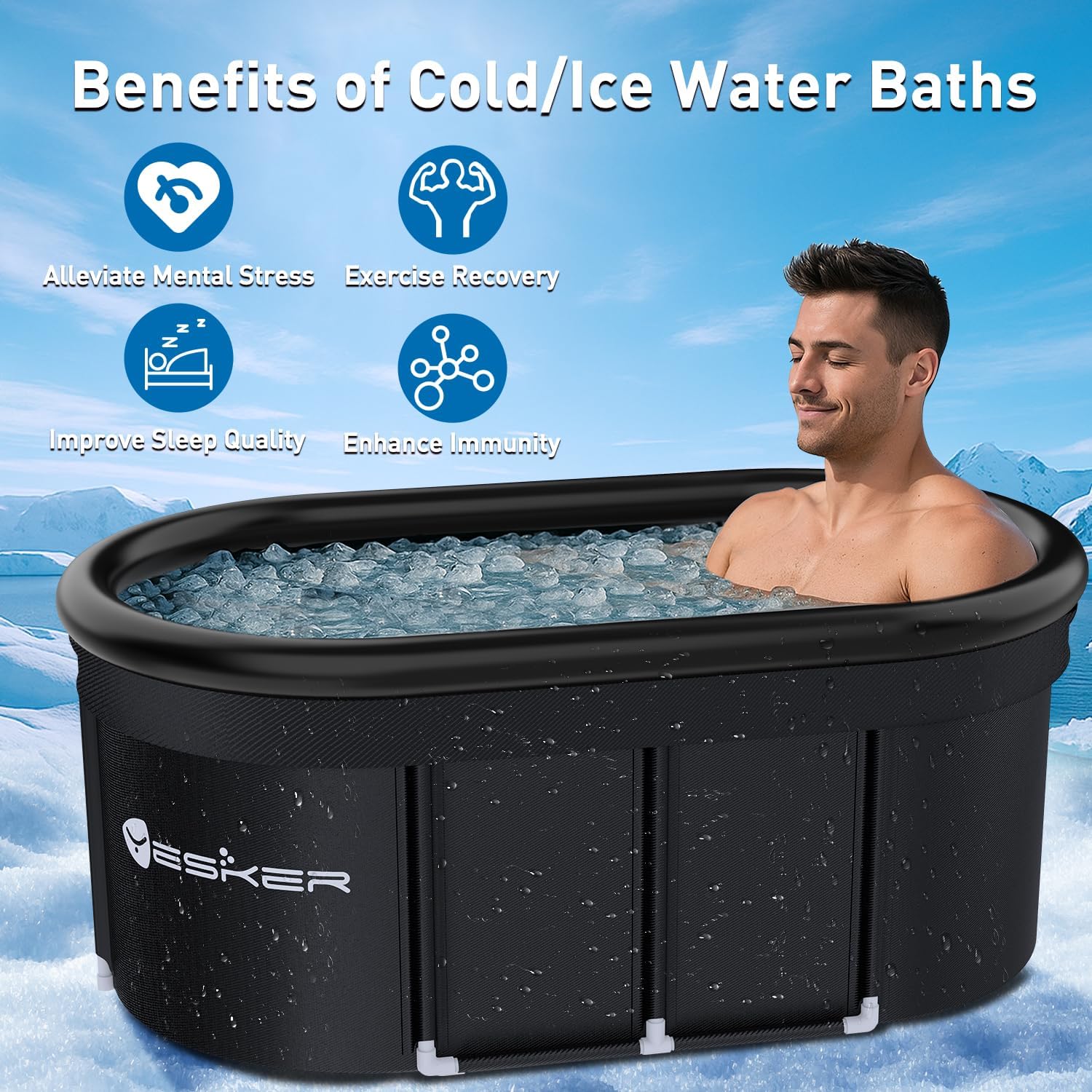 Yesker 110 Gal Oval Ice Bath Tub with Air Ring, Portable Multi-Layered Cold Plunge Tub with Lid for Athletes, Foldable and Inflatable, One Person Hot Bathtub at Gym, Yard, Home, Outdoors Use - Image 2
