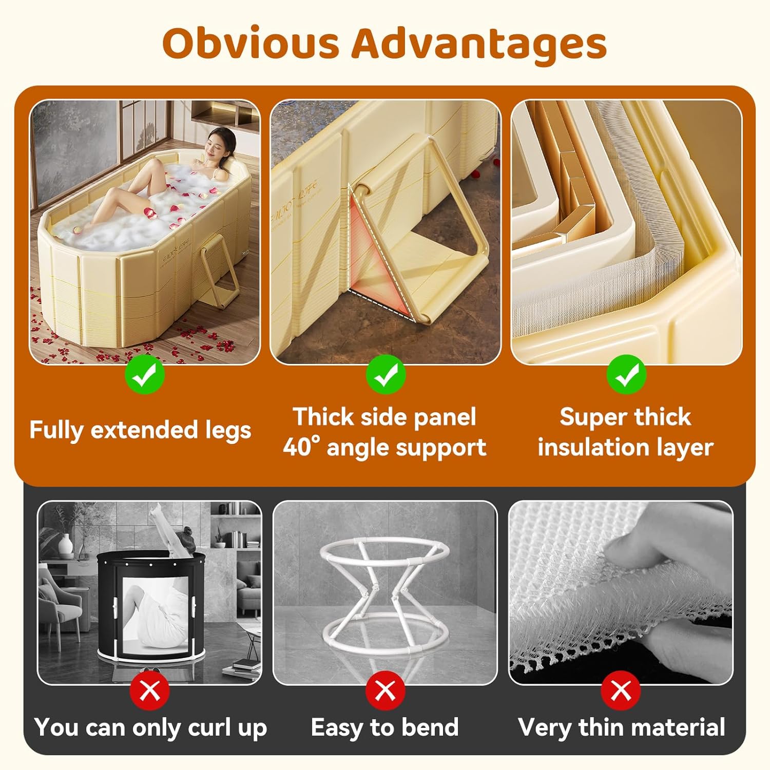 Portable Foldable Bathtub, Freestanding Bathtub No Installation, Bathroom SPA Soaking Bath Tub, Shower Stall Collapsible Hot & Ice Bath for Indoor Outdoor (Beige, 59"L x 21.6"W x 19.6"H) - Image 8