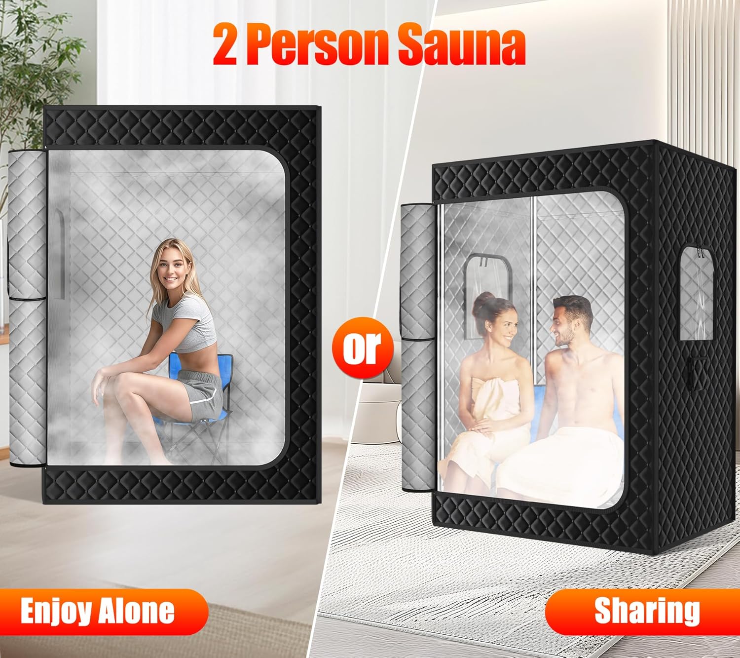 2 Person Portable Steam Sauna, Large Sauna Box, Sauna Tent Sauna Box with 2 Steamers, 2 Folding Chair,71”x 49”x 36”, Black - Image 4