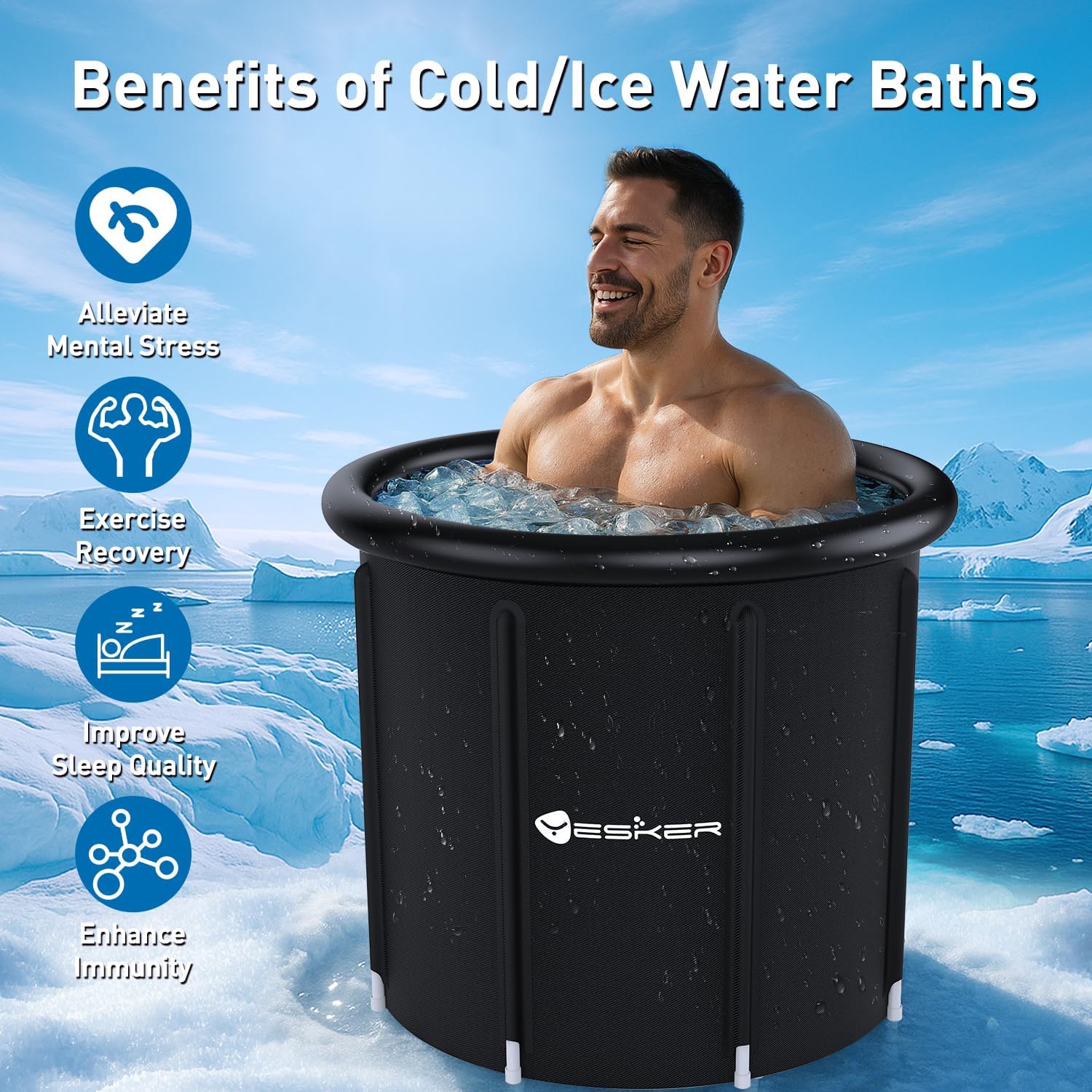 Yesker 126 Gal Ice Bath Tub with Air Ring, Portable Multi-Layered Cold Plunge Tub with Lid for Athletes, Foldable and Inflatable, One Person Hot Bathtub at Gym, Yard, Home, Outdoors Use - Image 2
