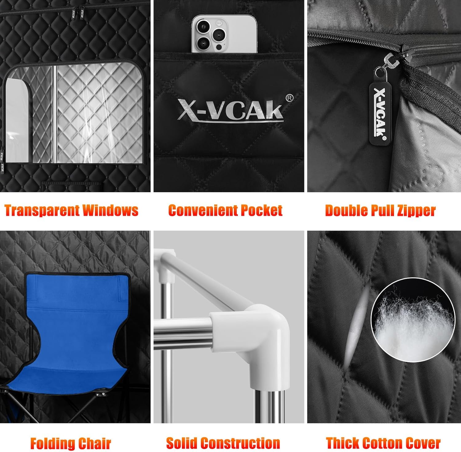 2 Person Portable Steam Sauna, Large Sauna Box, Sauna Tent Sauna Box with 2 Steamers, 2 Folding Chair,71”x 49”x 36”, Black - Image 3