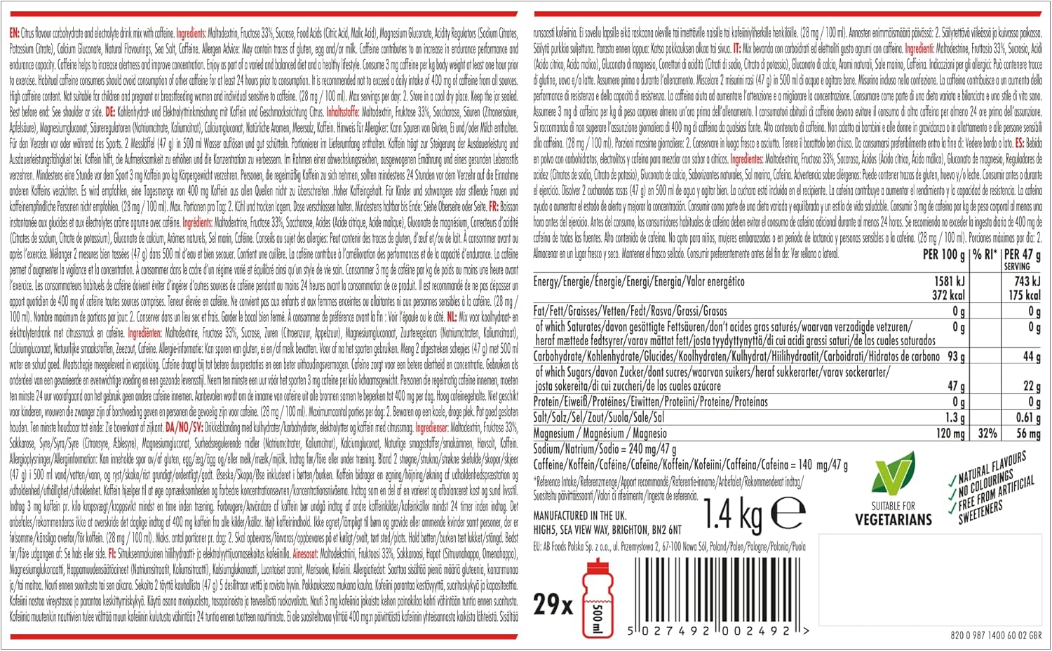 HIGH5 Energy Drink Caffeine Hit - Electrolytes Sport Energy Drink Powder - Isotonic Drink with 2:1 Fructose - Hydration for Running, Cycling, Endurance Fuel - Natural Flavours (Citrus, 1.4kg, 29 Serv) - Image 8