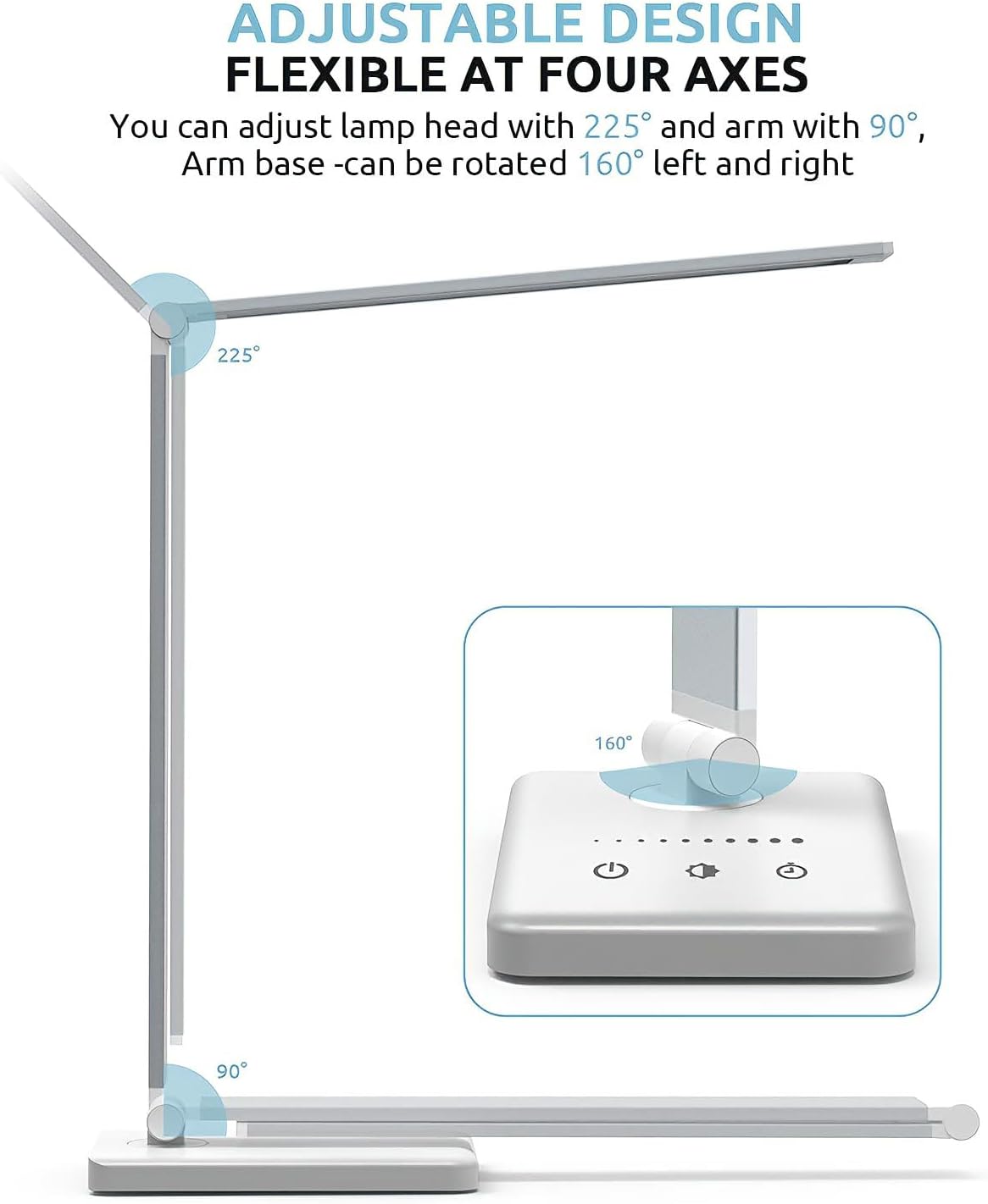 LED Desk Lamp with USB Charging Port, 5 Color Modes, 10 Dimmable Brightness Levels, Eye-Caring Reading Light, Touch Control & 30/60 min Auto Timer, Silver - Image 4