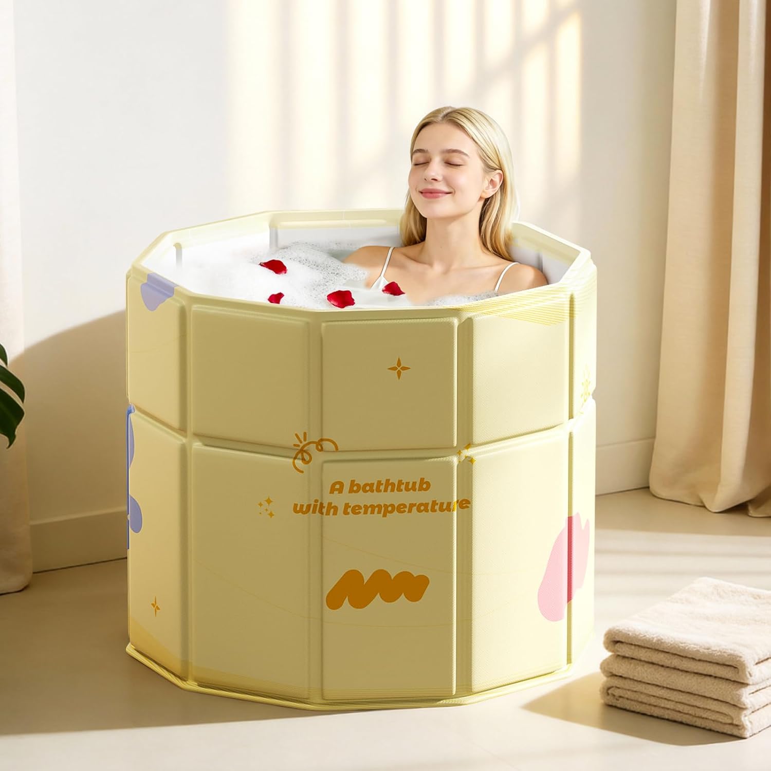 Portable Bathtub, Hot Ice Bath Tub Inflation-free, Shower Bathroom SPA Soaking Tub, Collapsible Bathtub No Installation for Home & Outdoor (Warm Yellow, 27.55"L x 27.55"W x 27.55"H) - Image 4