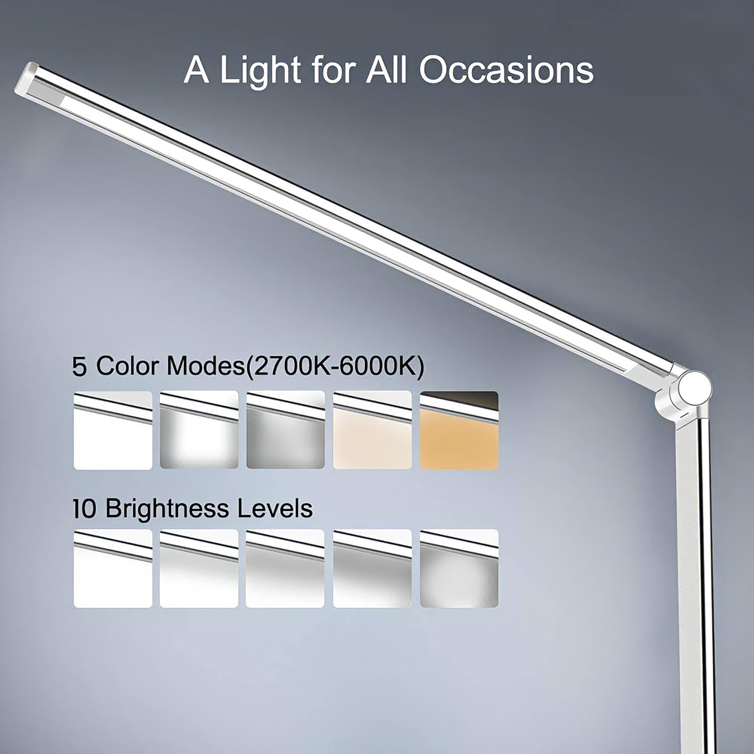 LED Desk Lamp with USB Charging Port, 5 Color Modes, 10 Dimmable Brightness Levels, Eye-Caring Reading Light, Touch Control & 30/60 min Auto Timer, Silver - Image 3