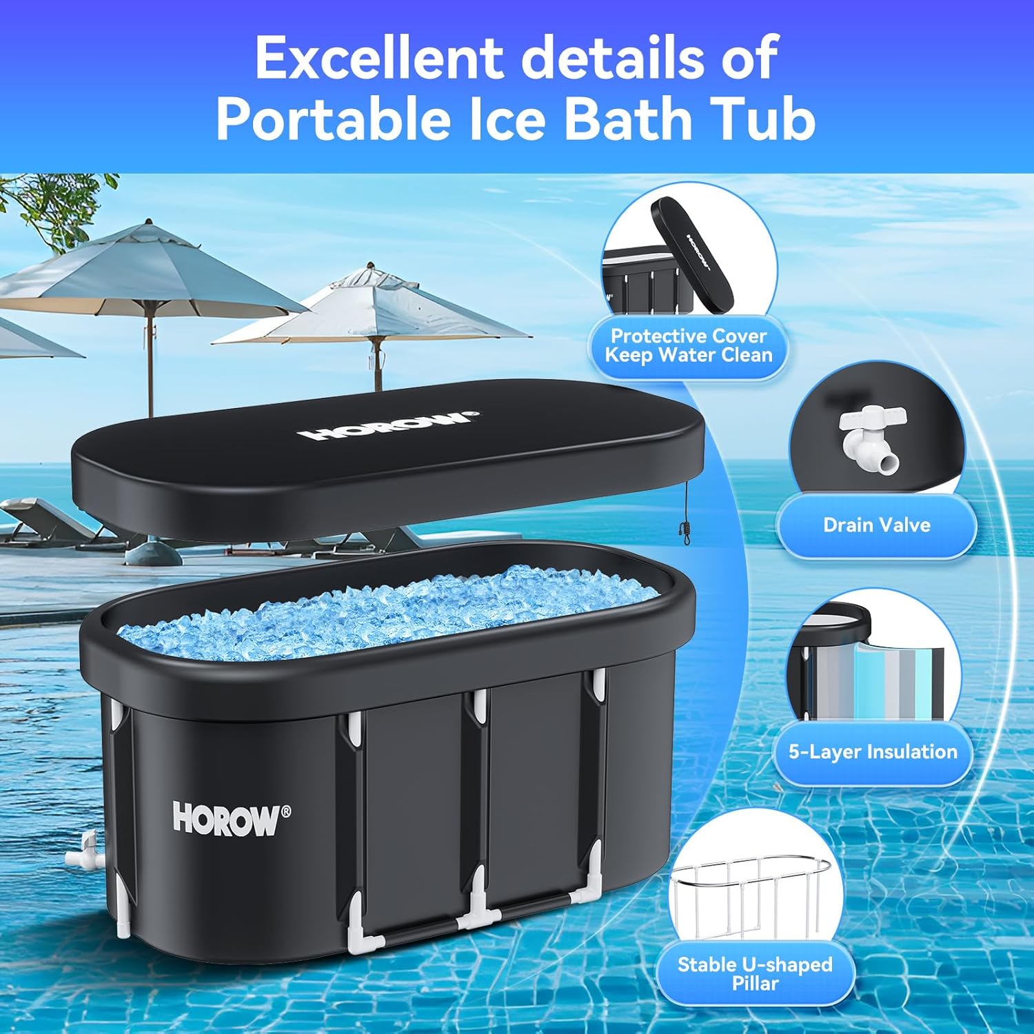HOROW XL Large Oval Ice Bath Tub for Athletes, 100 Gallons Portable Cold Plunge Tub for Recovery and Cold Water Therapy, Multiple Layered Ice Plunge Tub with Cover for Family Gardens, Gym, Outdoor Use - Image 6