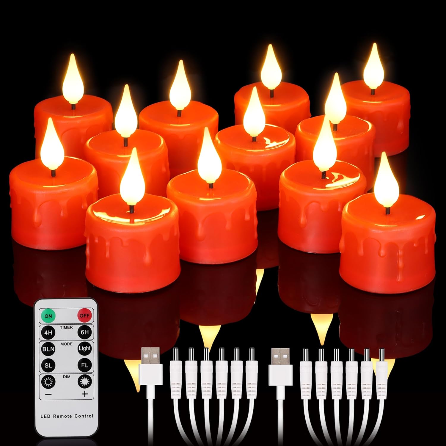 Yunsheng 12PCS Red Rechargeable LED Tea Lights Candles with Remote, 3D Wick Flickering Flameless Votive Tea Lights, Warm White Electric Fake Candles with 2USB Charging Cable, Home Decor