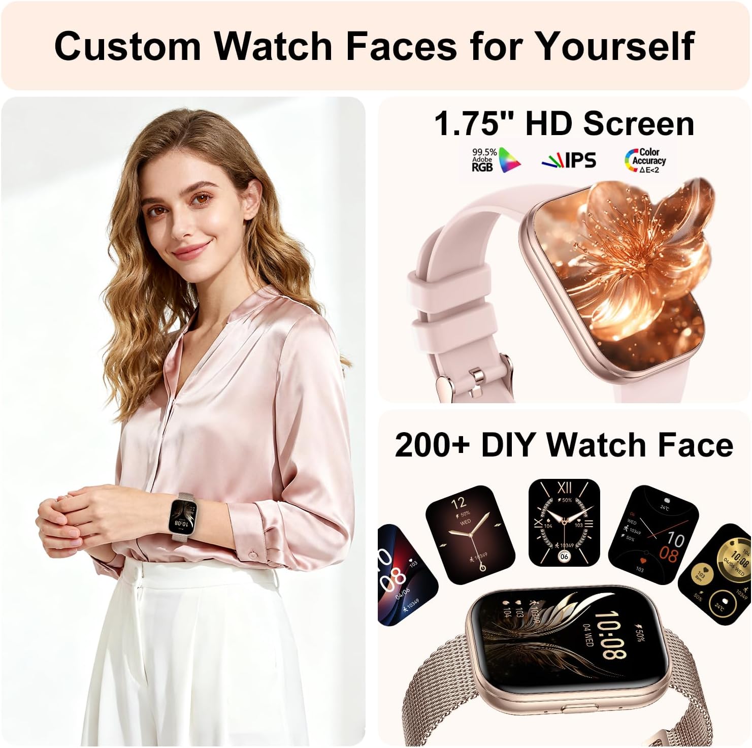 Smart Watches for Women, 1.75" HD Fitness Tracker (Answer/Make Calls), IP68 Waterproof Smartwatch with Heart Rate SpO2 Sleep Stress Monitor, 120+ Sports Modes Watch for Android & iPhone (Rose Gold) - Image 5