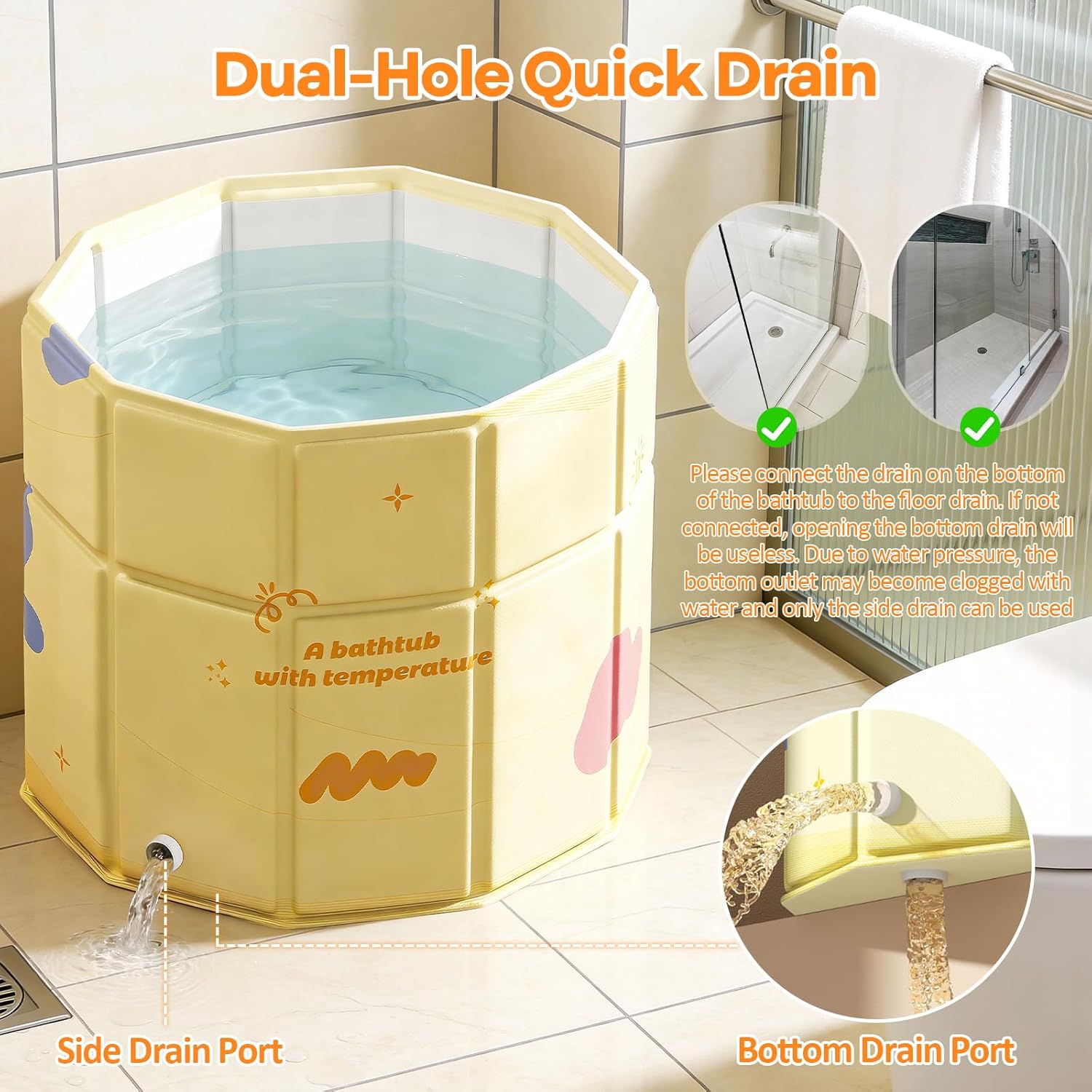 Portable Bathtub, Hot Ice Bath Tub Inflation-free, Shower Bathroom SPA Soaking Tub, Collapsible Bathtub No Installation for Home & Outdoor (Warm Yellow, 27.55"L x 27.55"W x 27.55"H) - Image 5
