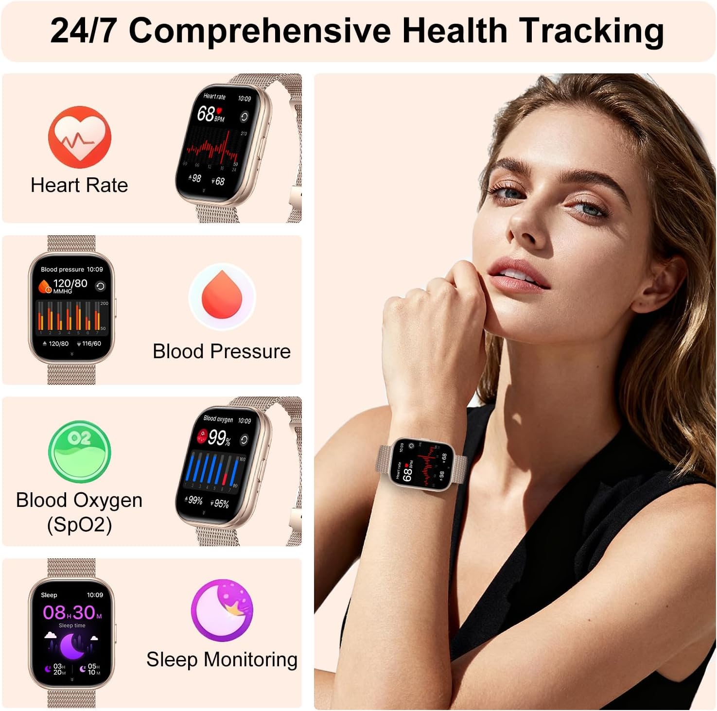 Smart Watches for Women, 1.75" HD Fitness Tracker (Answer/Make Calls), IP68 Waterproof Smartwatch with Heart Rate SpO2 Sleep Stress Monitor, 120+ Sports Modes Watch for Android & iPhone (Rose Gold) - Image 3