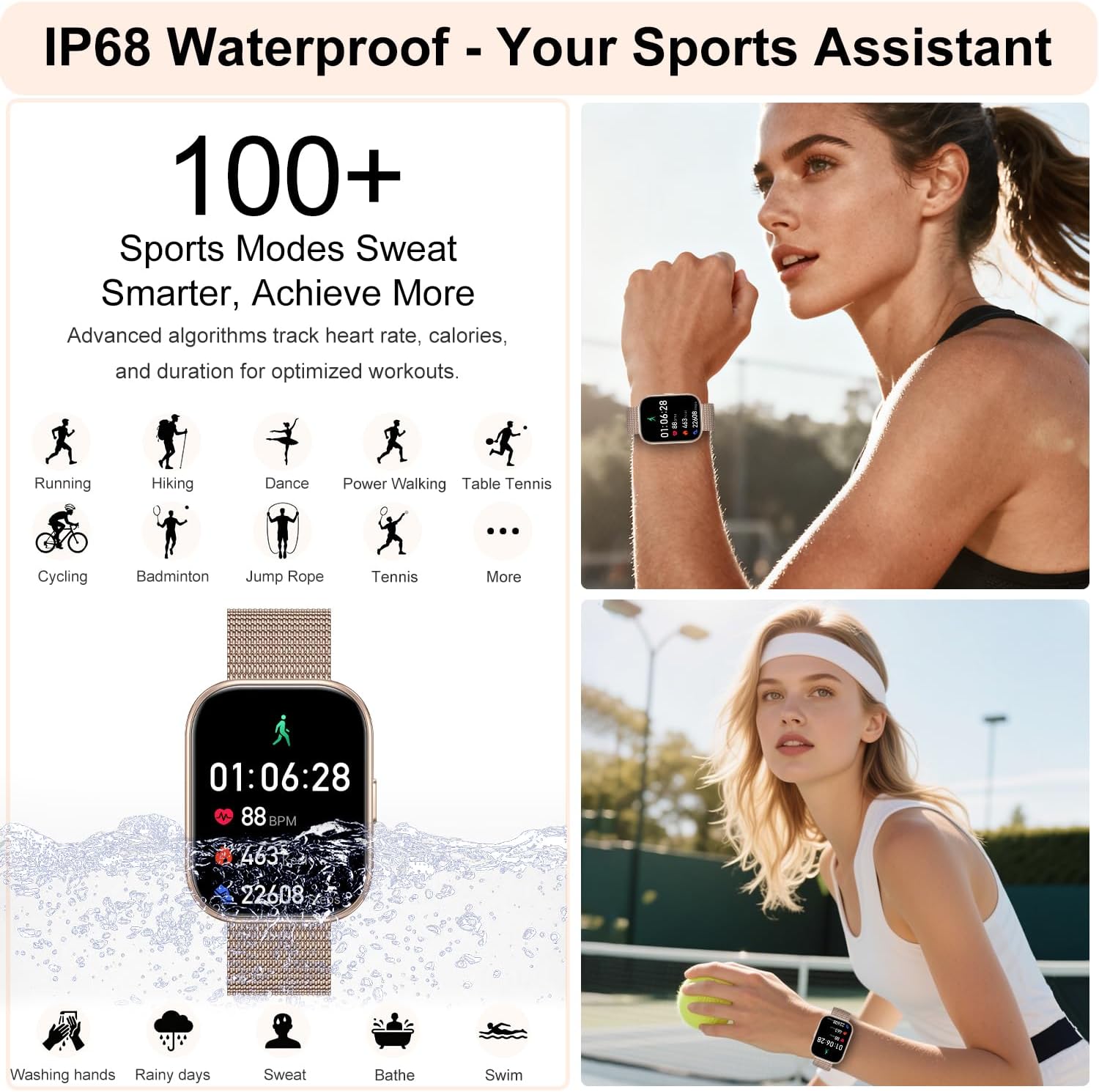 Smart Watches for Women, 1.75" HD Fitness Tracker (Answer/Make Calls), IP68 Waterproof Smartwatch with Heart Rate SpO2 Sleep Stress Monitor, 120+ Sports Modes Watch for Android & iPhone (Rose Gold) - Image 4