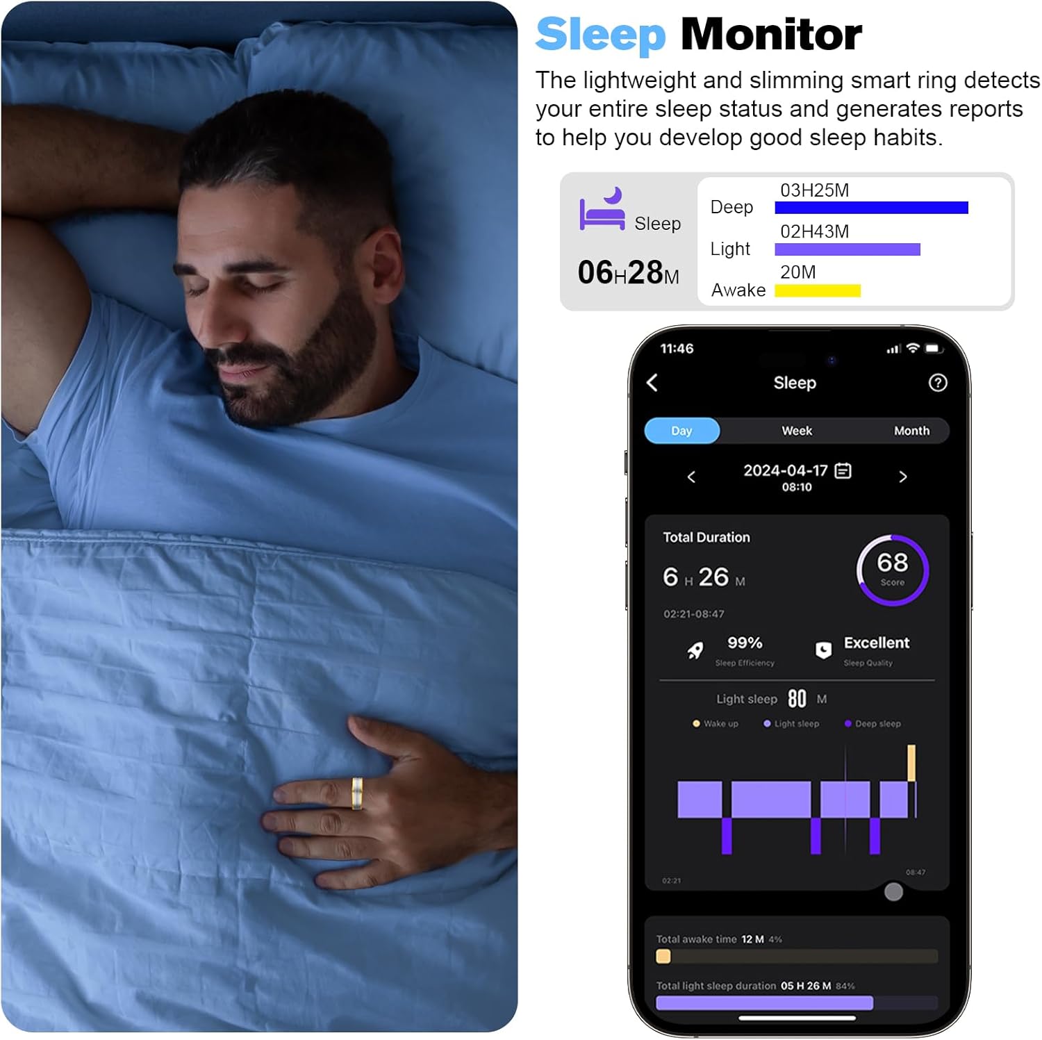 Smart Ring Health Tracker for Men/Women,Fitness Ring Sleep Tracker,Fast Charging for Long-Lasting Use,for Pedometer Exercise,Monitor Sleep, Heart Rate, Stress,Waterproof (Silver, 12) - Image 4