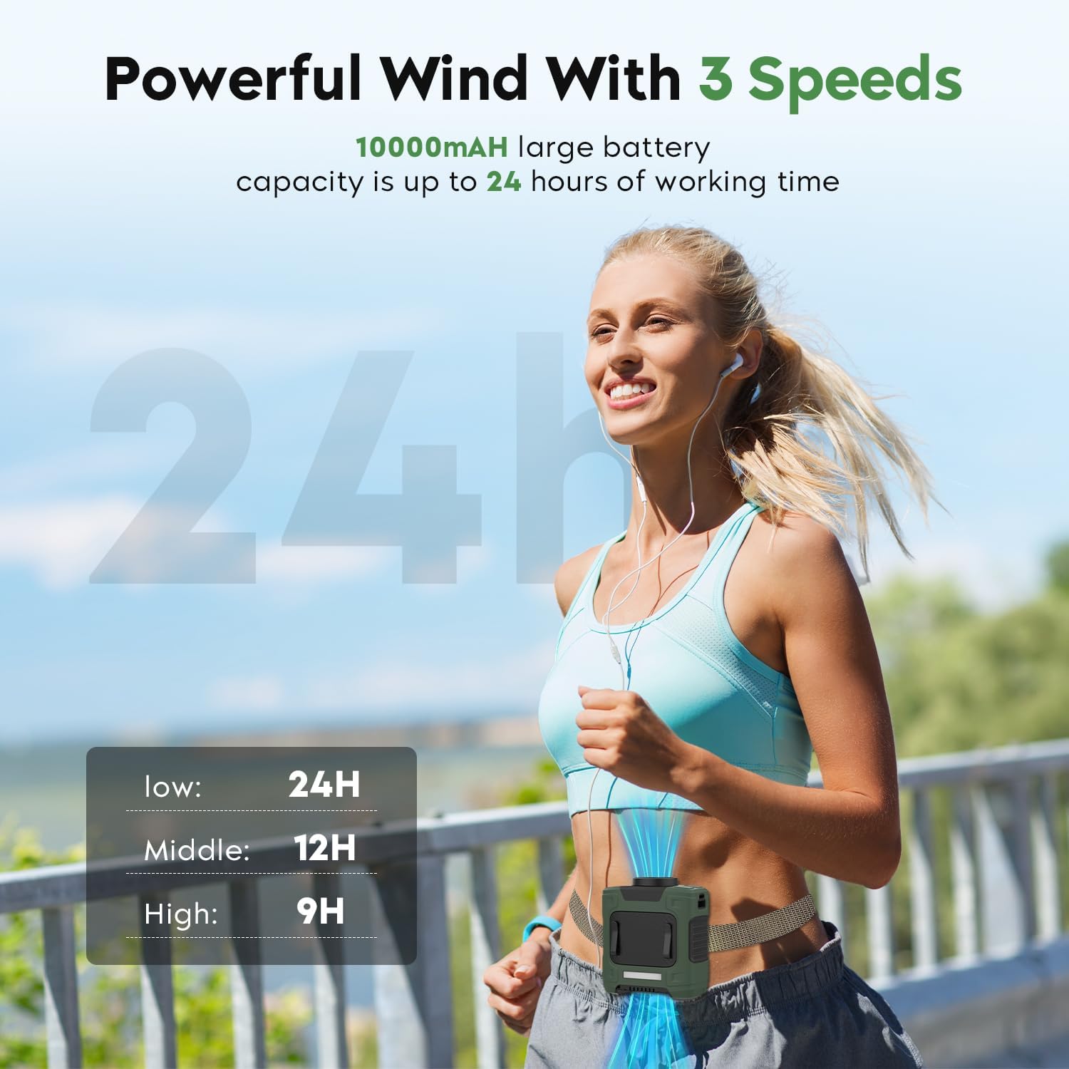 2024 Upgrade Portable Fan 10000mAh Rechargeable Portable Waist Clip Fan 15500RPM Neck Fan With Max 12H Working Time, 3-speed adjustment with LED flashlight Portable Fan for Outdoor Jobsite and etc - Image 2